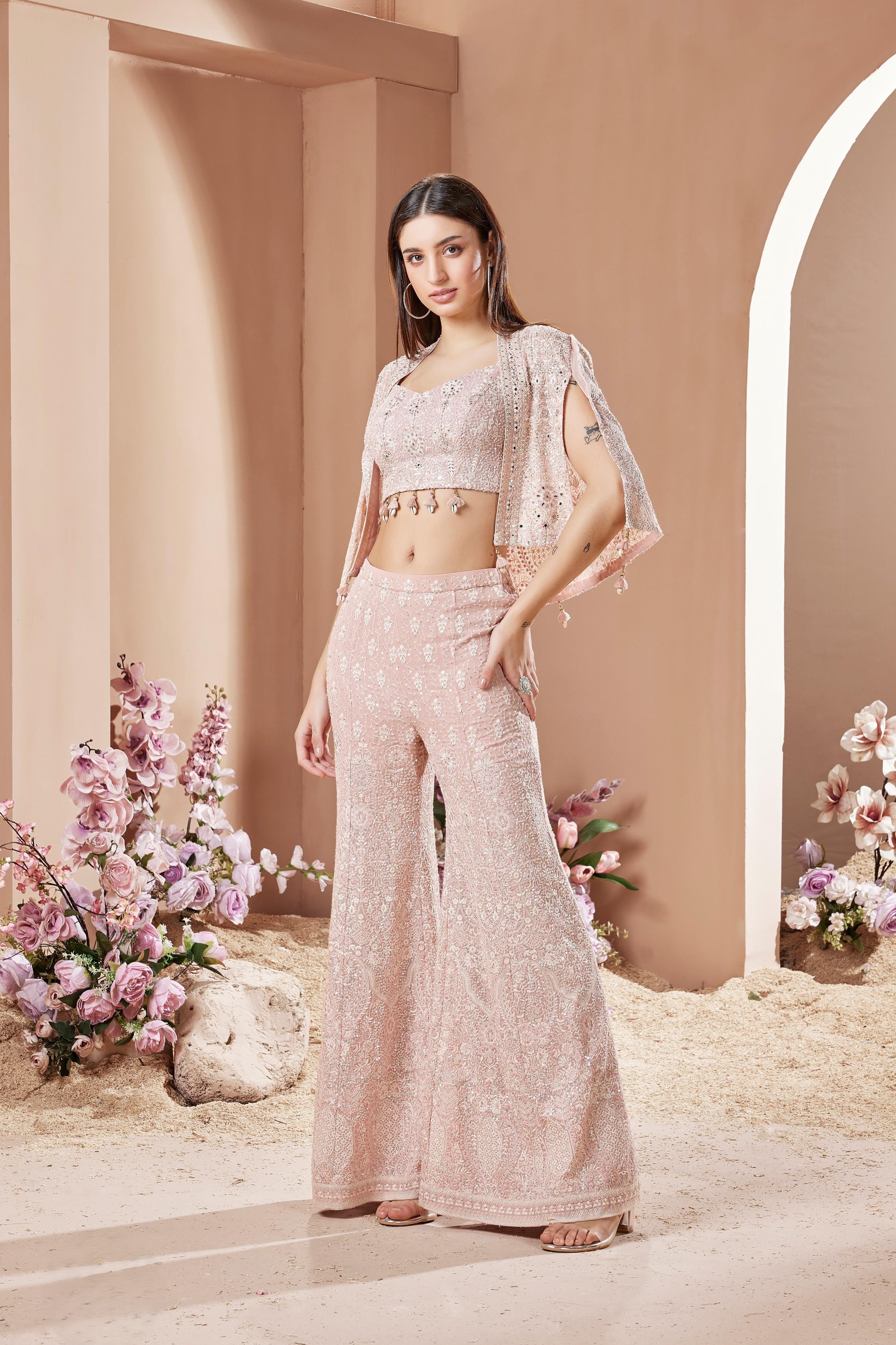 Light Pink Embellished Georgette Silk Palazzo Set