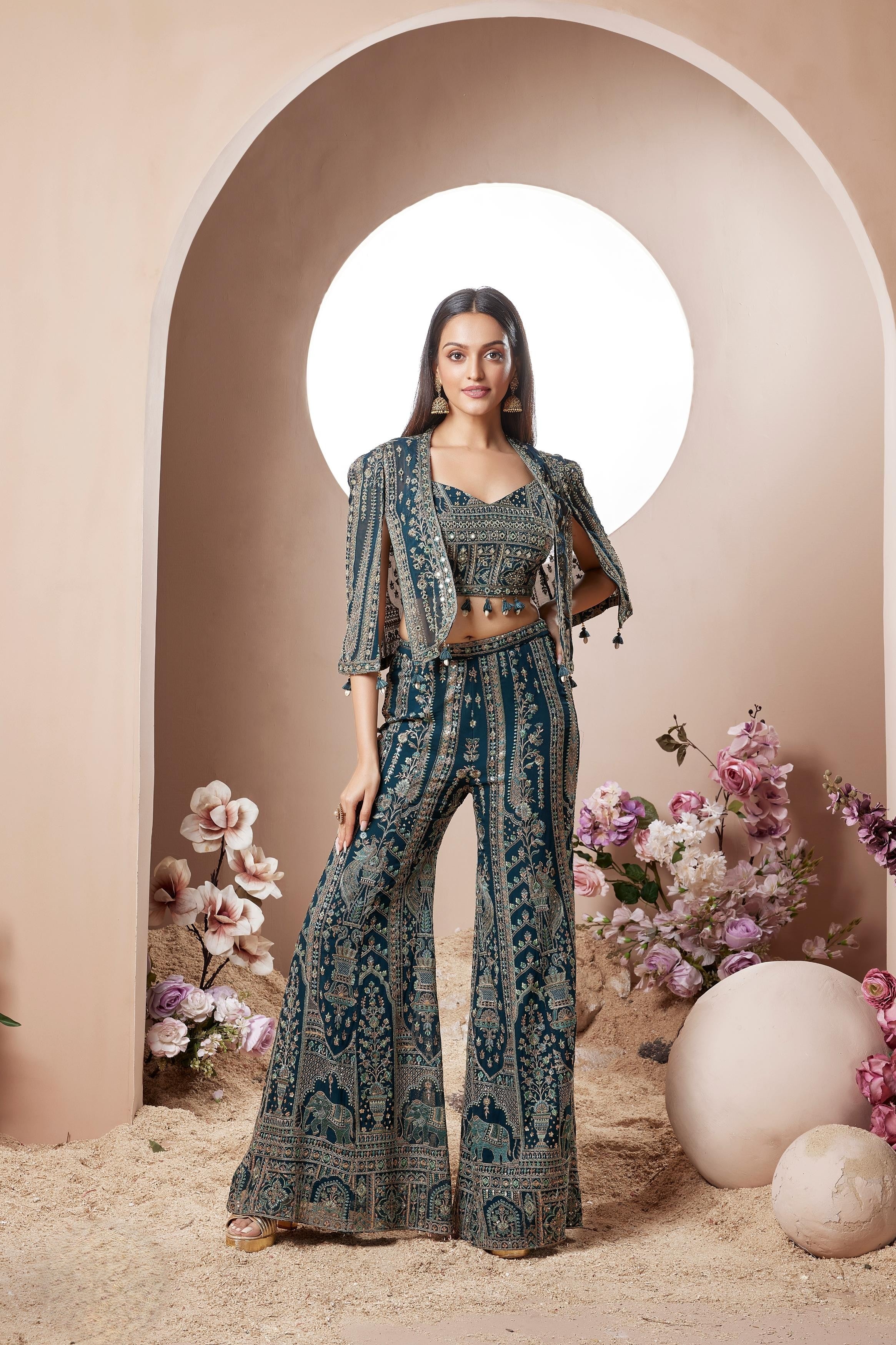 Teal Blue Embellished Georgette Silk Palazzo Set