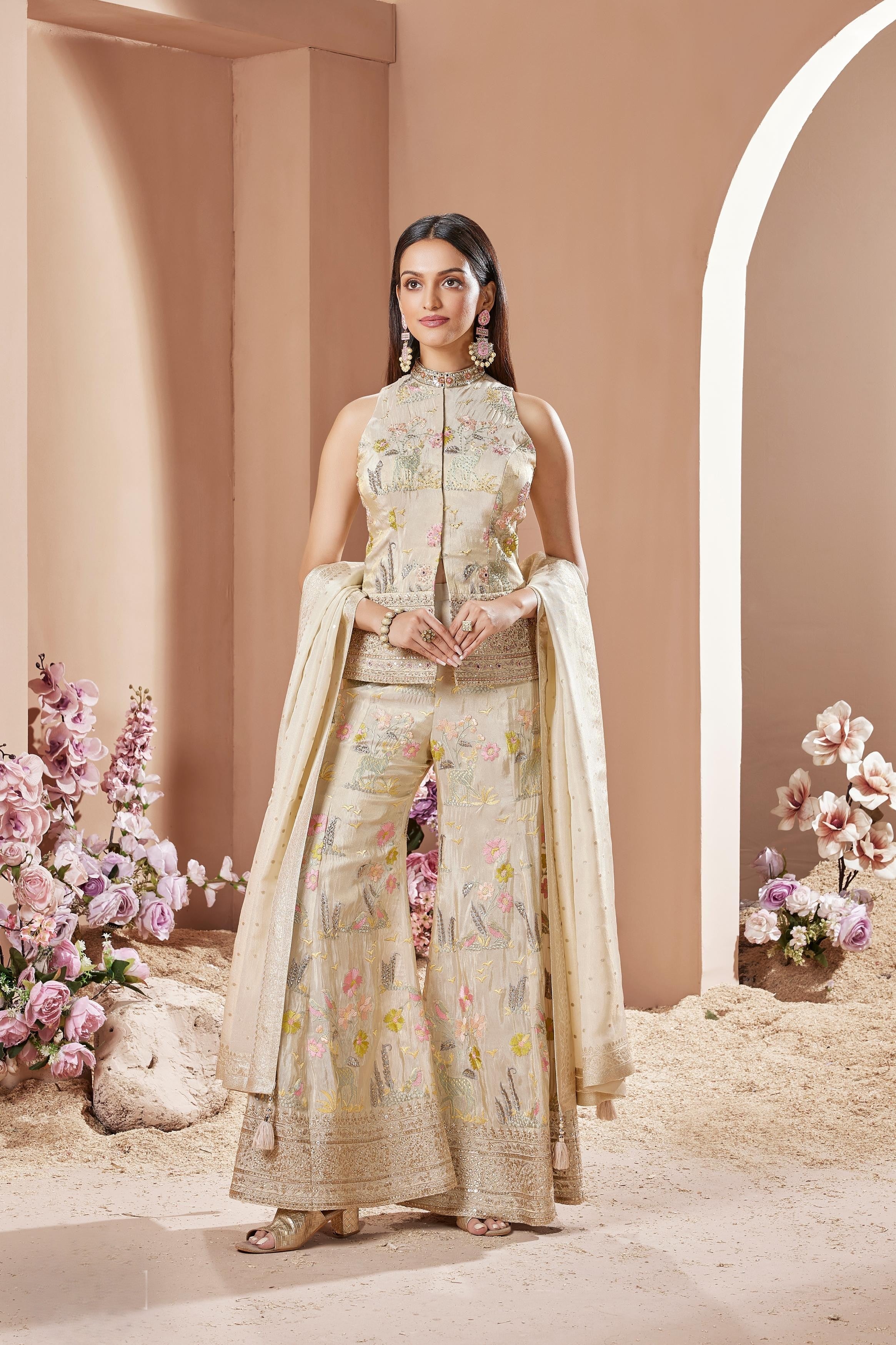 Golden Cream Embellished Chinon Silk Palazzo Set