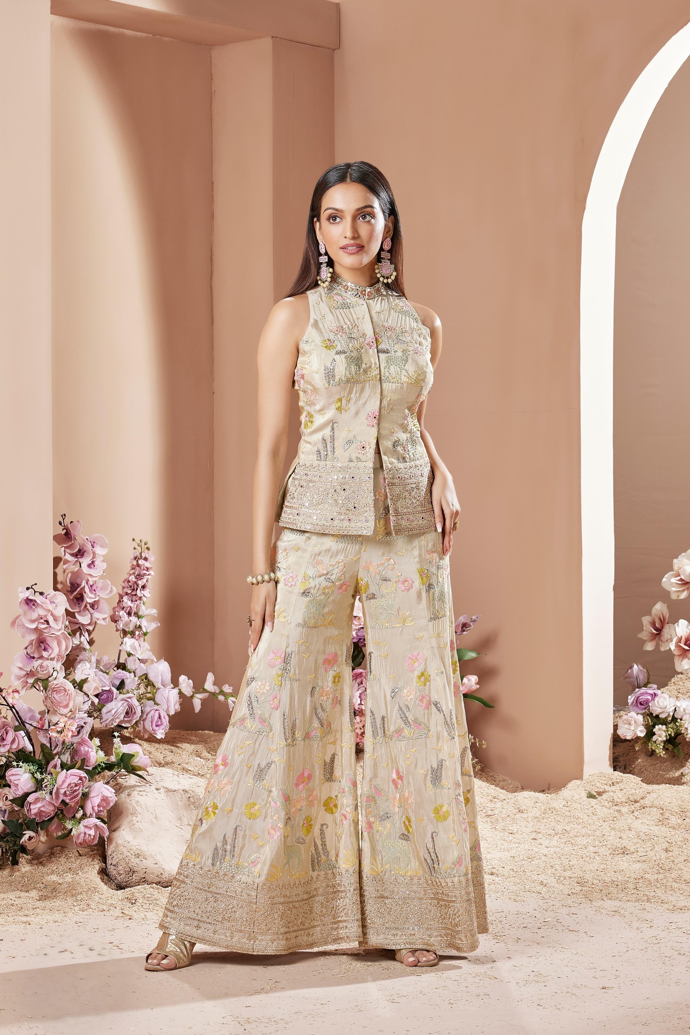 Golden Cream Embellished Chinon Silk Palazzo Set