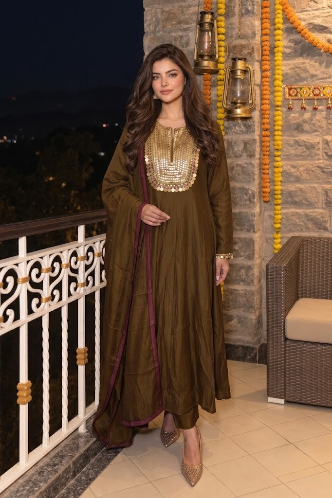 Espresso Brown Embellished Crepe Silk Anarkali Set