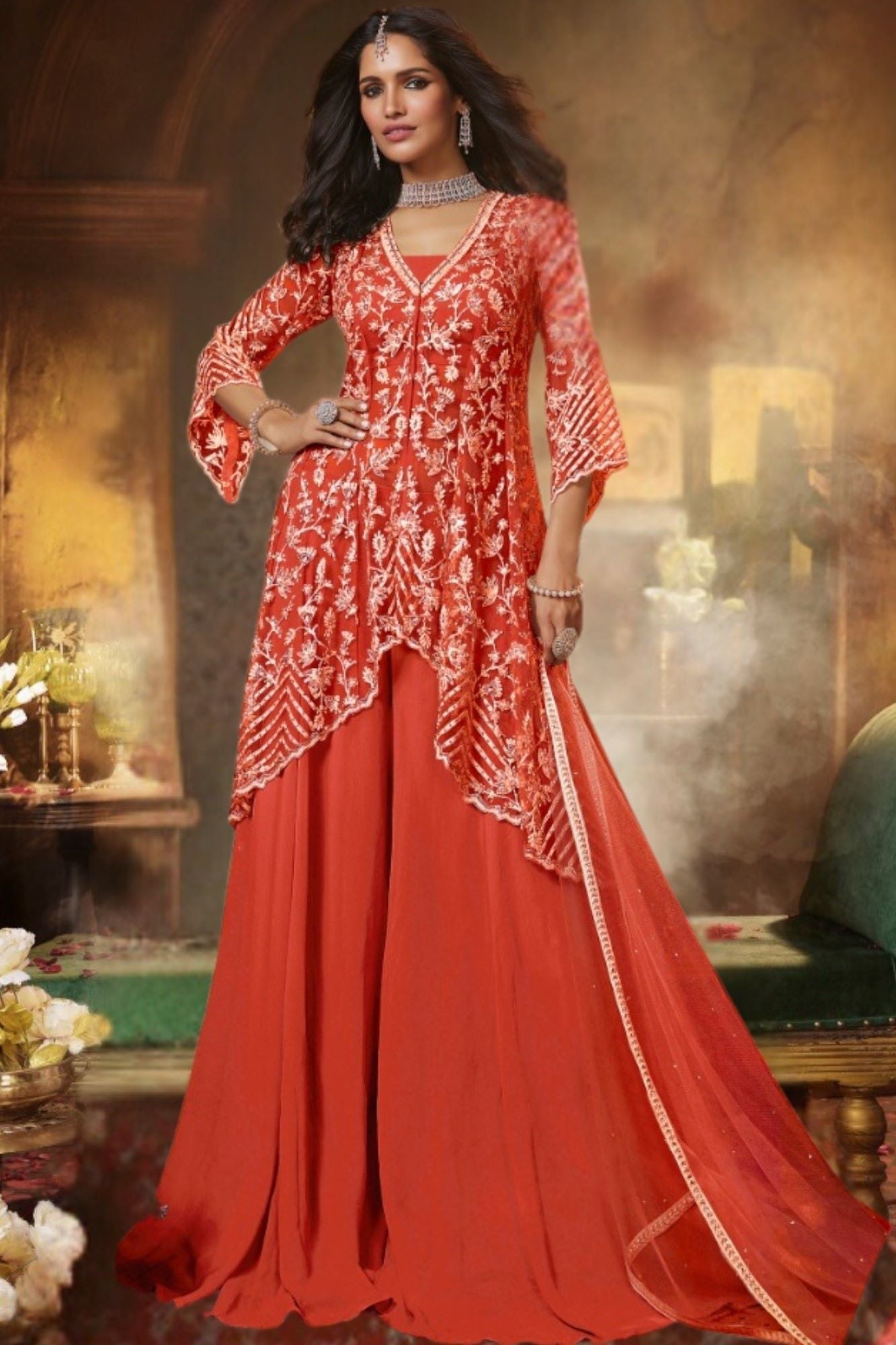 Orange Embellished Swiss Georgette Silk Palazzo Set