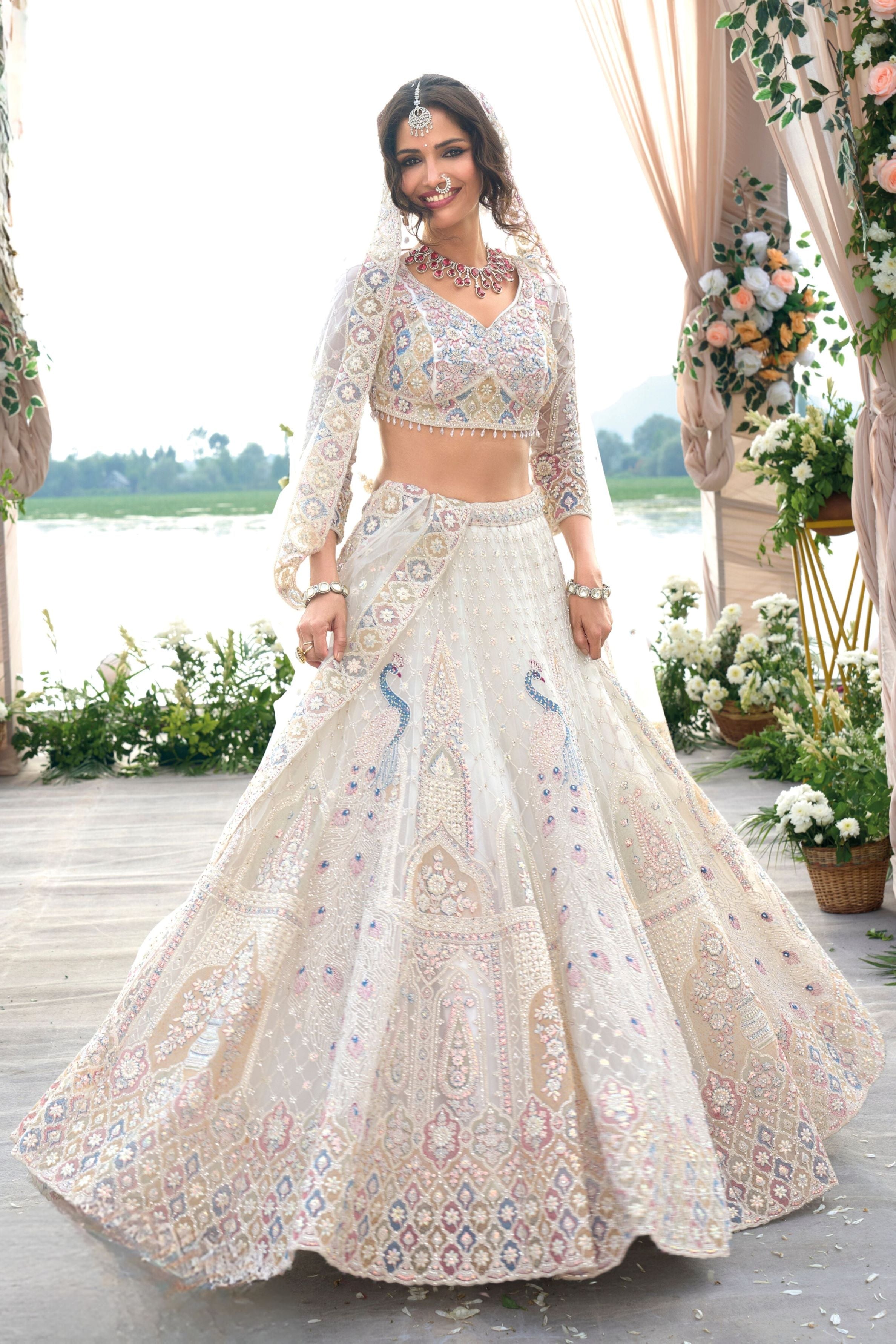 Pearl Ivory Embellished Premium Net Lehenga Set