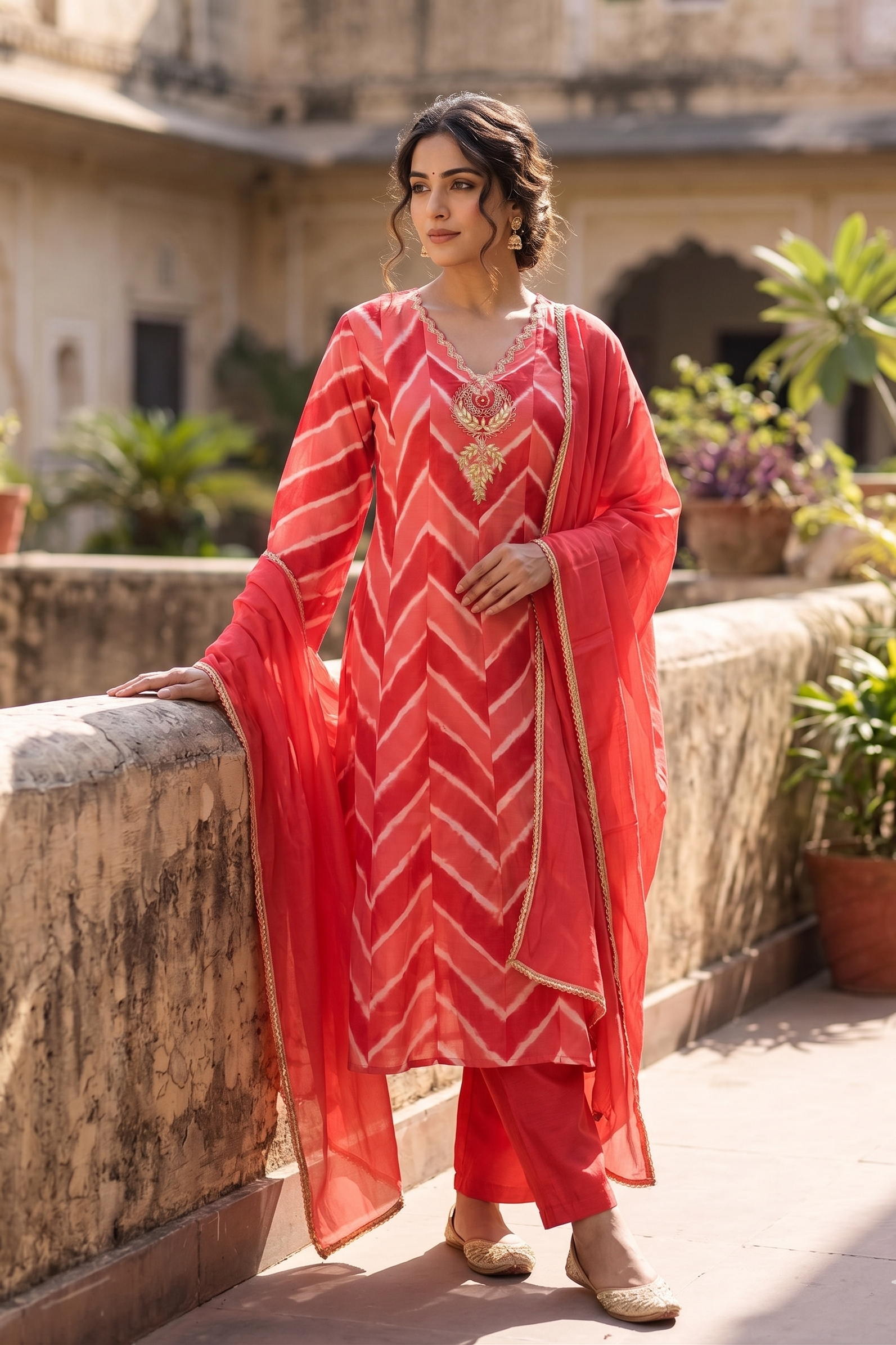 Coral-Pink Chevron Suit Set