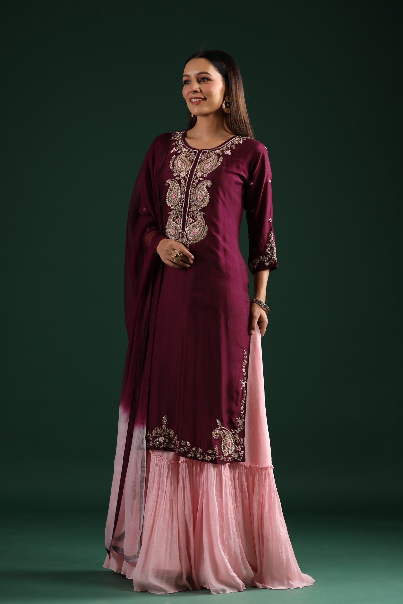 Wine Embroidered Kurta With Contrast Dress