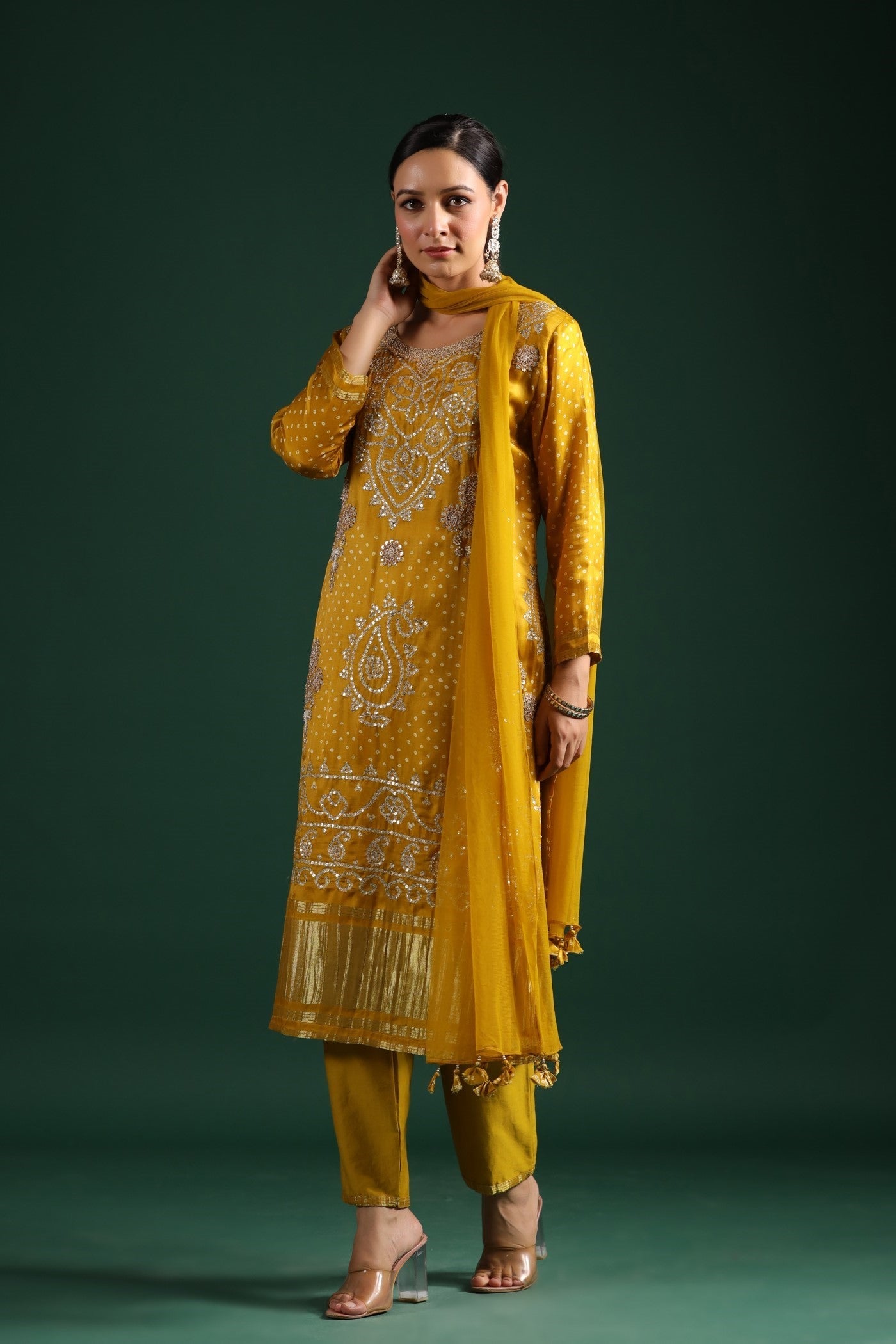 Mustard Bandhej Gajji Silk Kurta Set