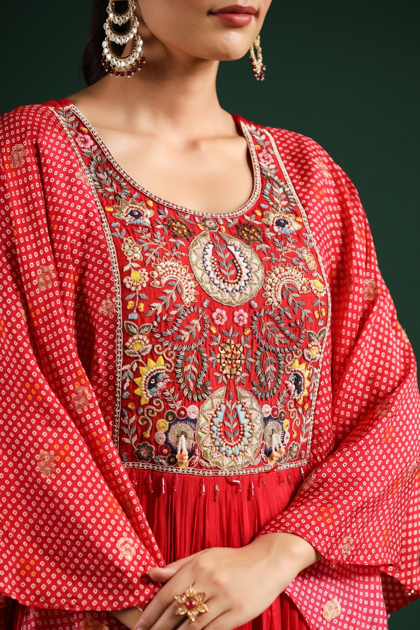 Red Bandhani Printed Gown