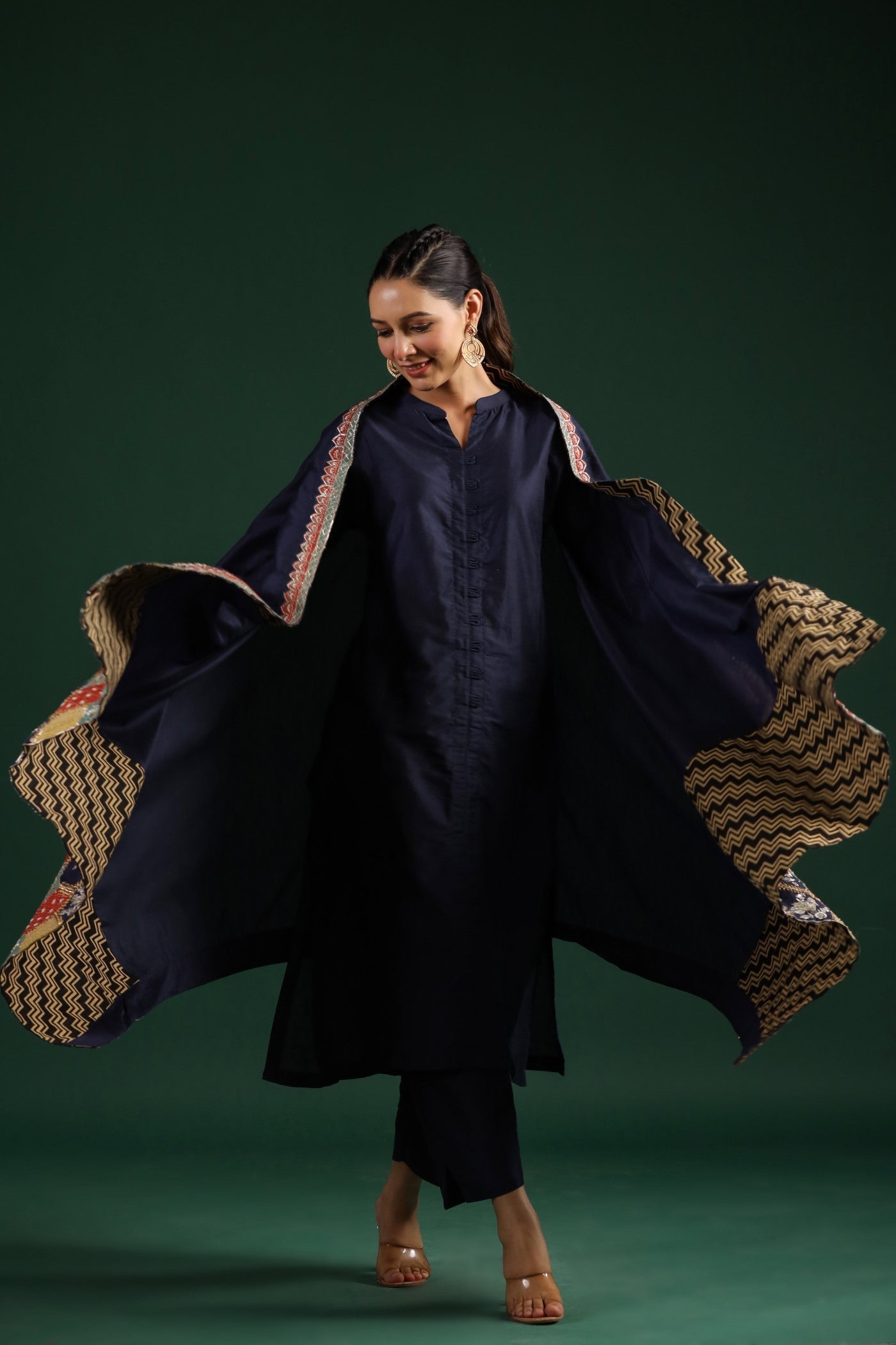 Black Ethnical Embroidered Dola Silk Cape Set