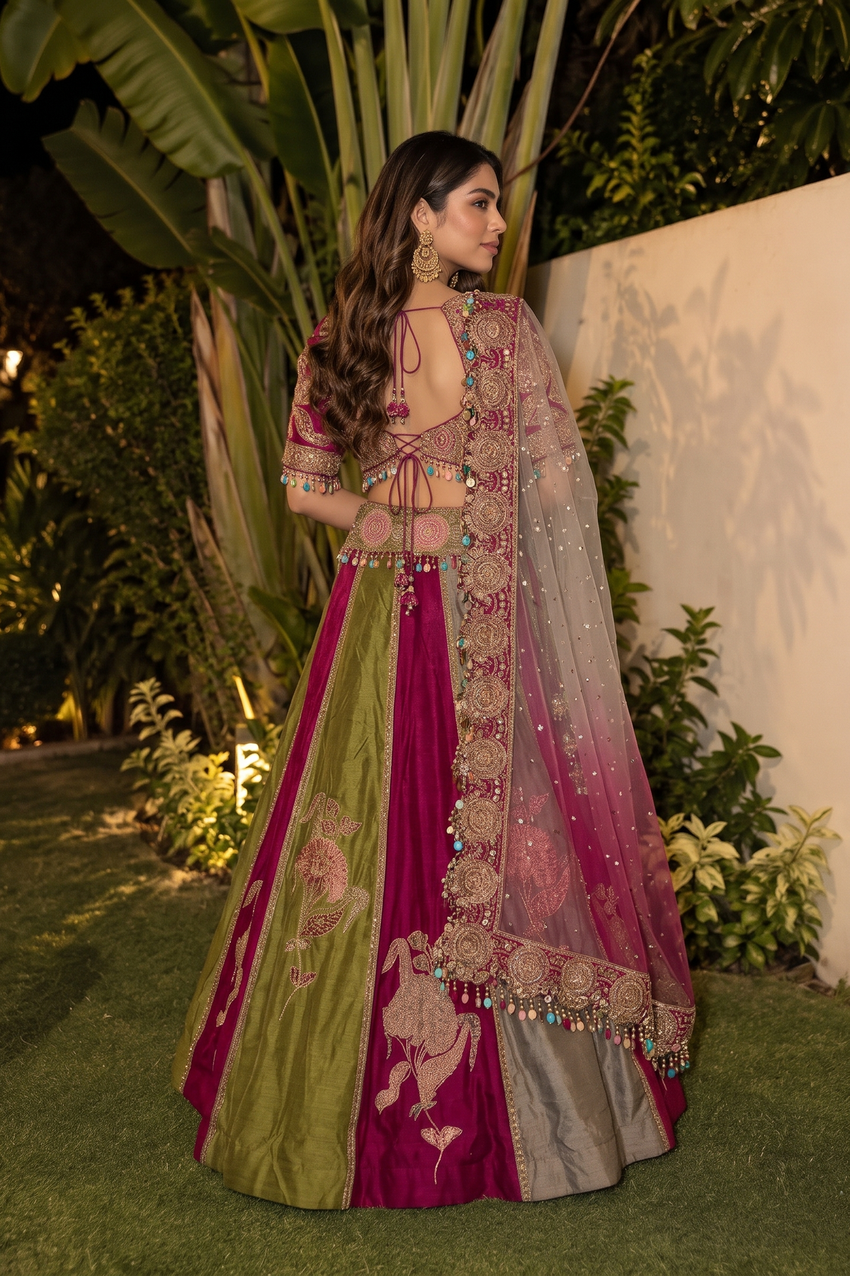 Magenta Moss Embellished Raw Silk Lehenga Set