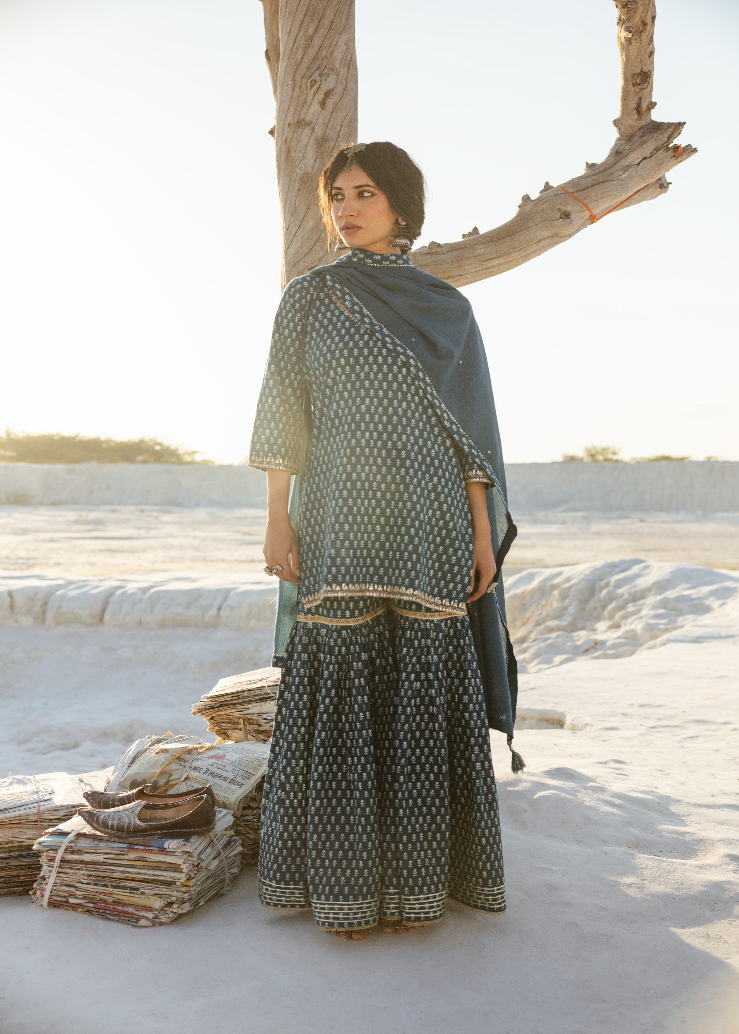 Teal Blue Block Printed Organic Cotton Sharara Set