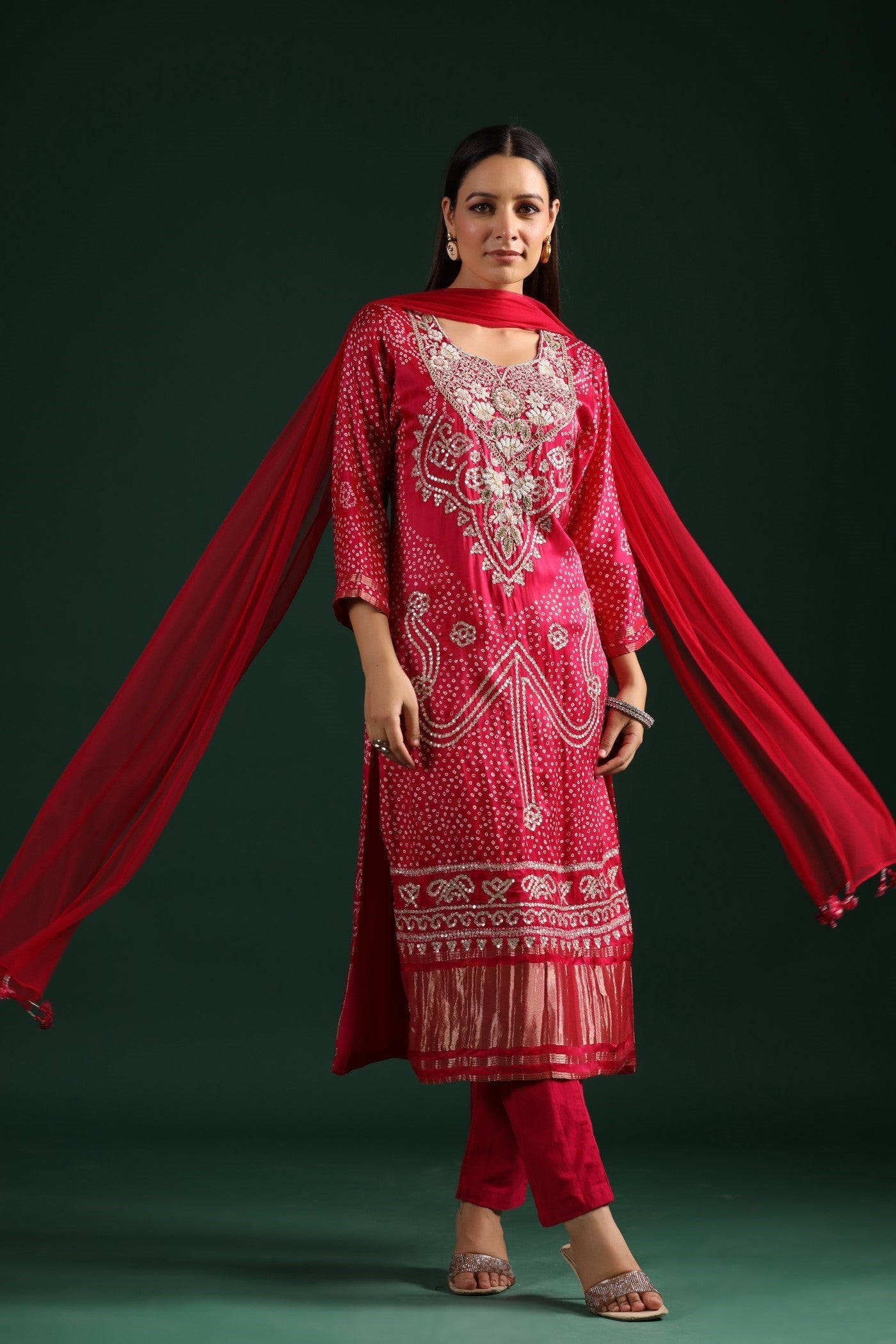 Festive Pink Bandhani Embroidered Kurta Set