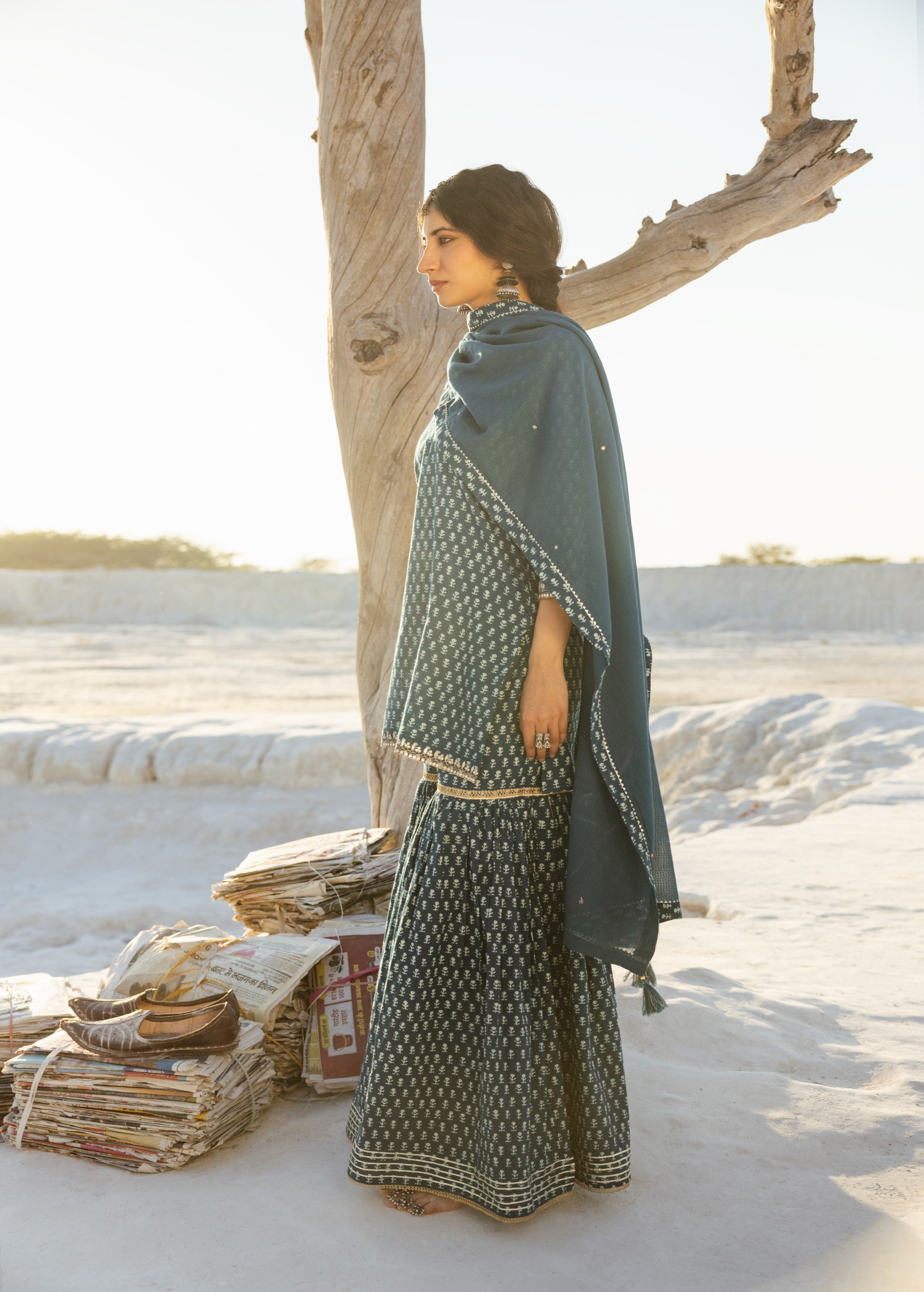 Teal Blue Block Printed Organic Cotton Sharara Set