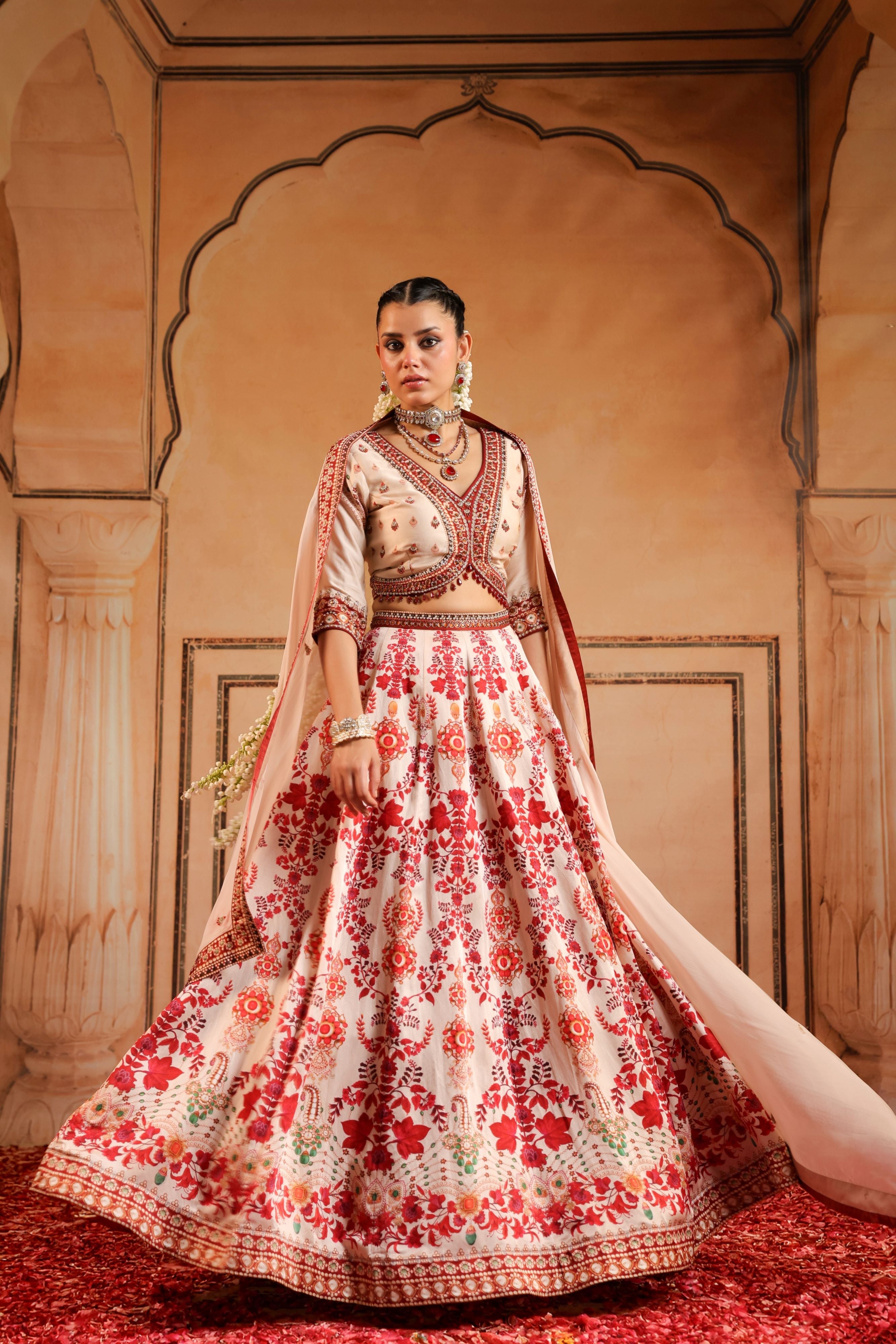 Peachy Pink Embellished Linen Satin Lehenga Set