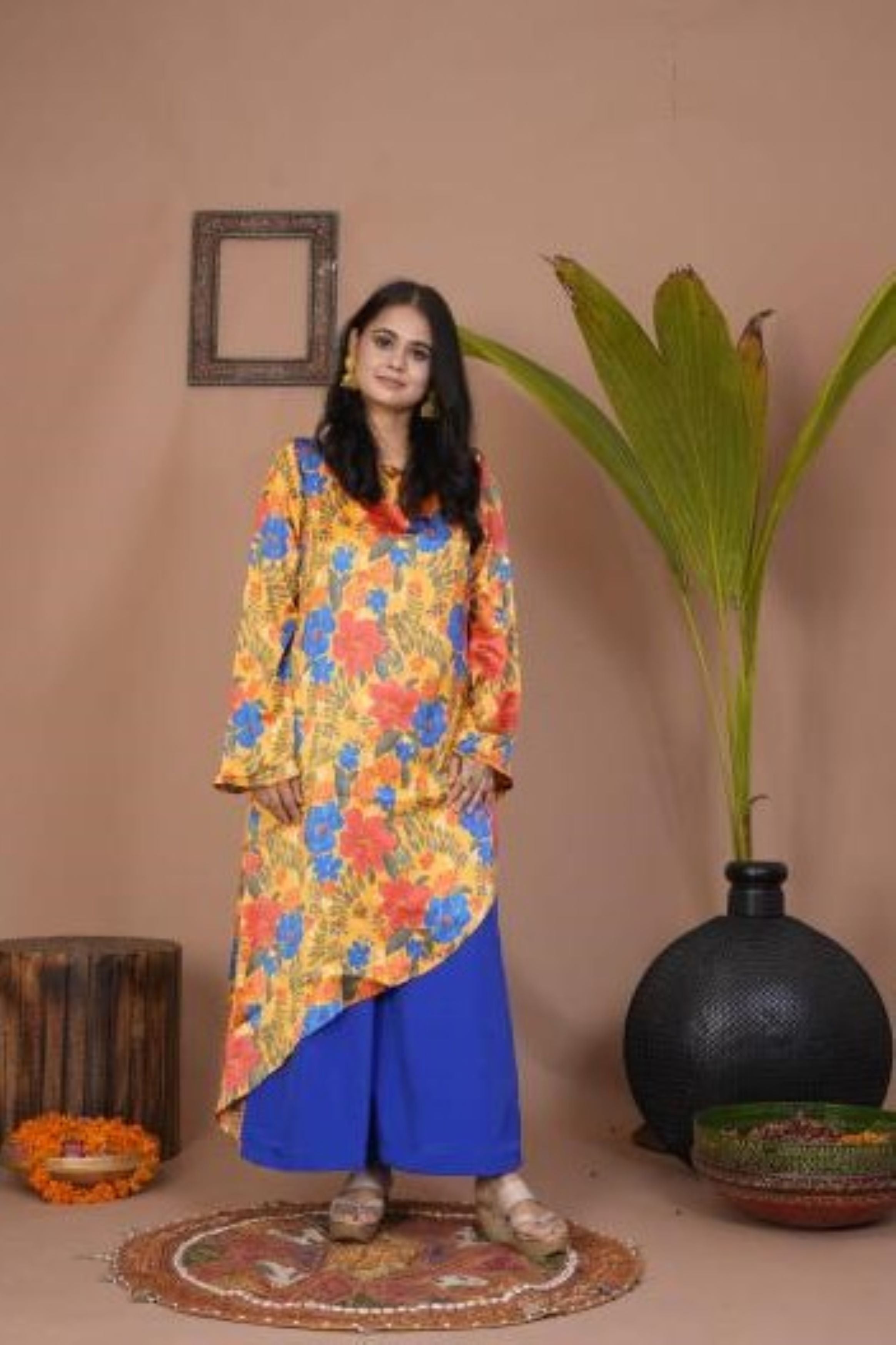 Blue Floral Print Satin Silk Palazzo Suit