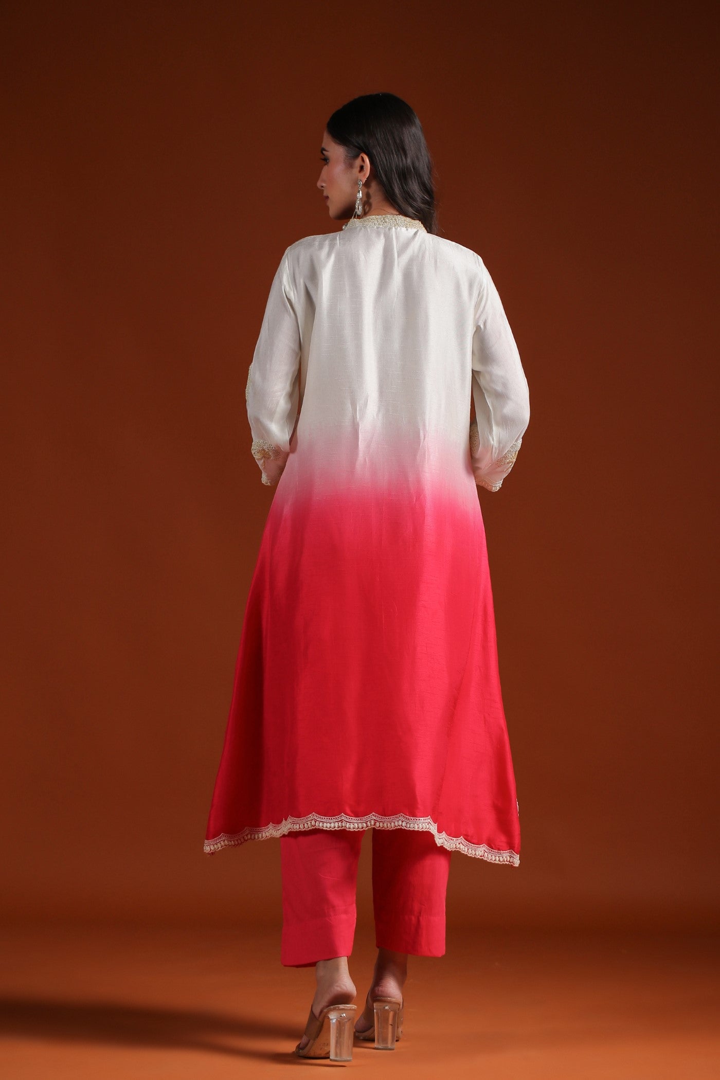 Bright Peach Beads Embroidered Ombre Kurta with Pant