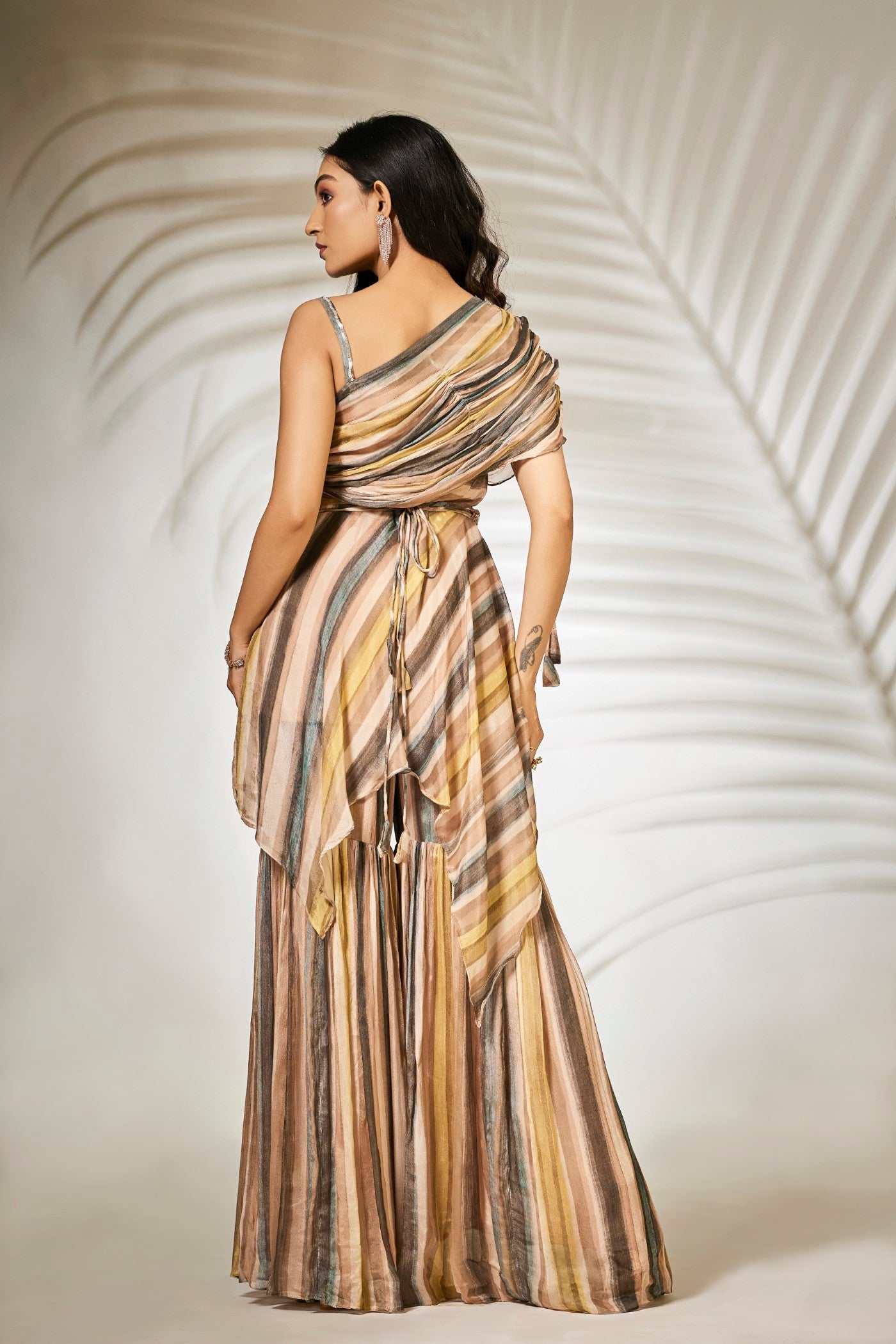 Beige Striped Pure Chinnon Tunic with Sharara