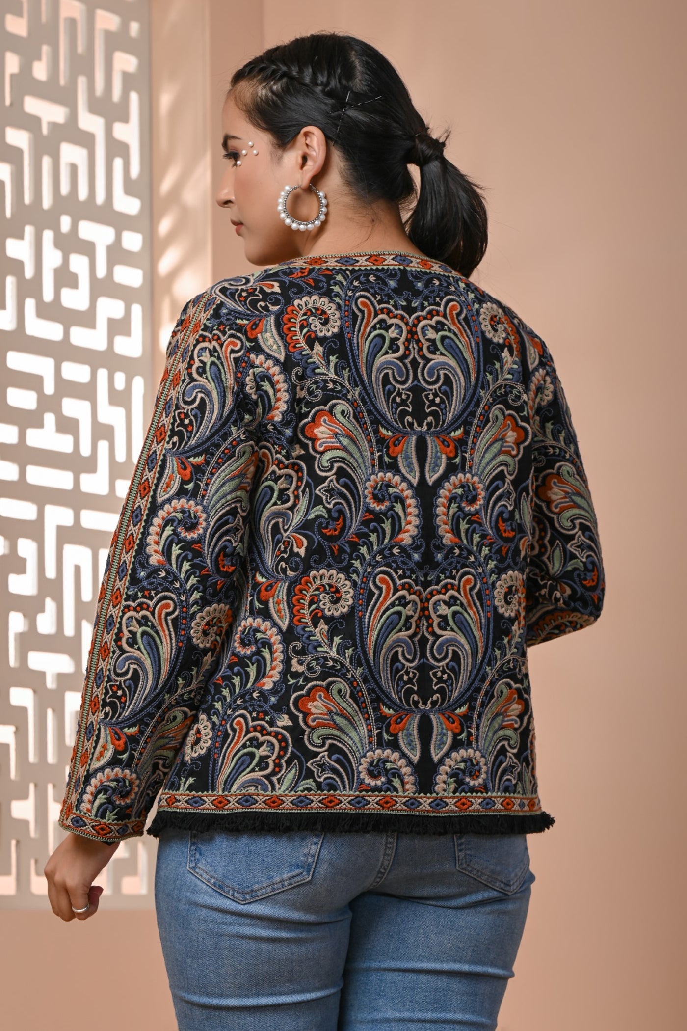 Black Ethnic Embroidered Italian Silk Jacket