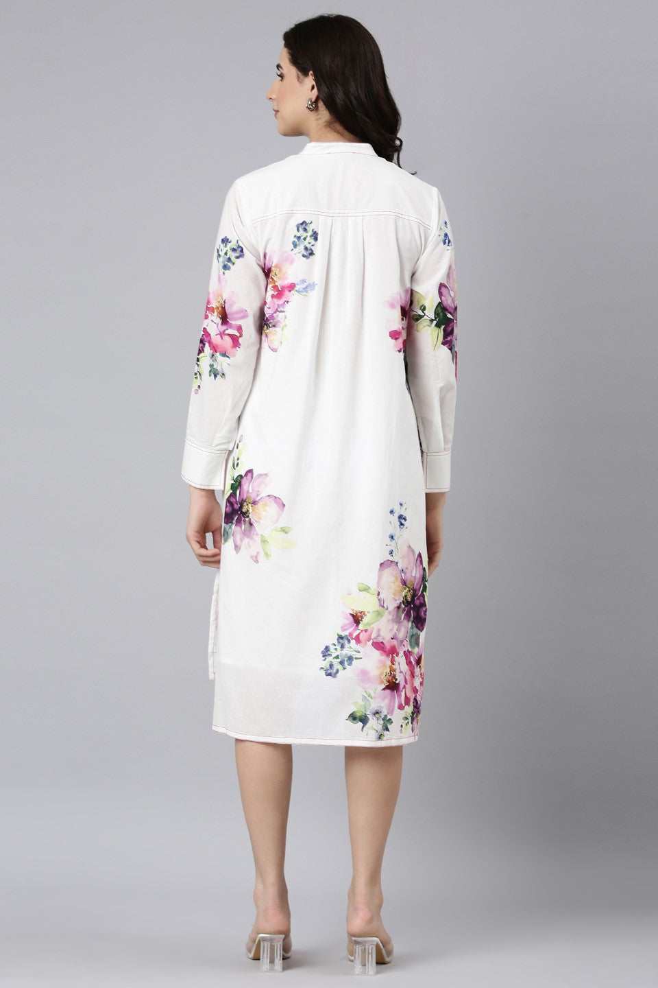 White Floral Printed Belgium Cotton Dress