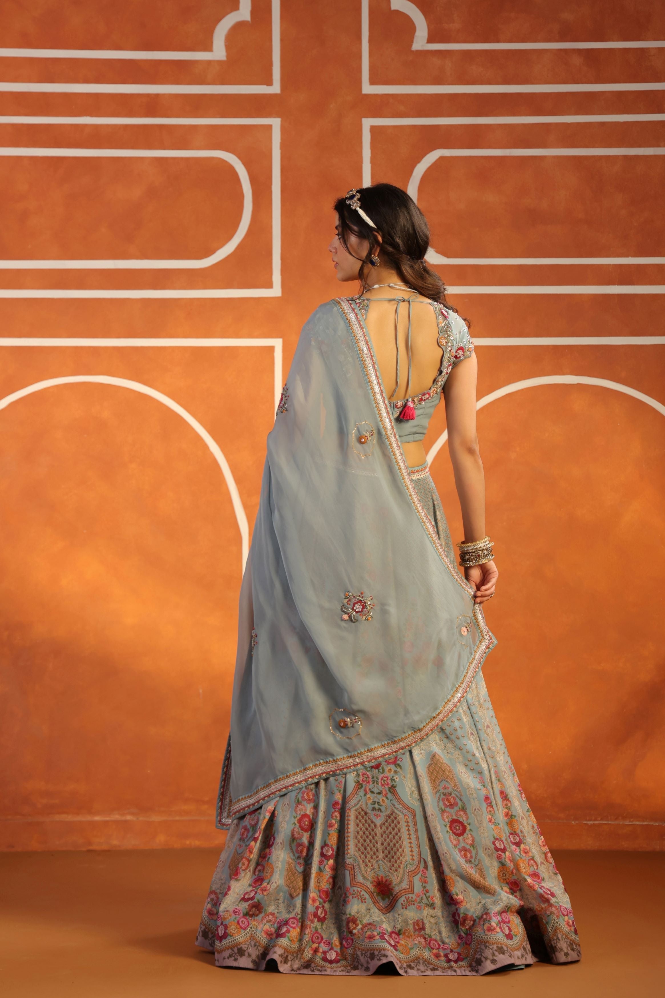Pastel Blue Embellished Organdi Lehenga Set