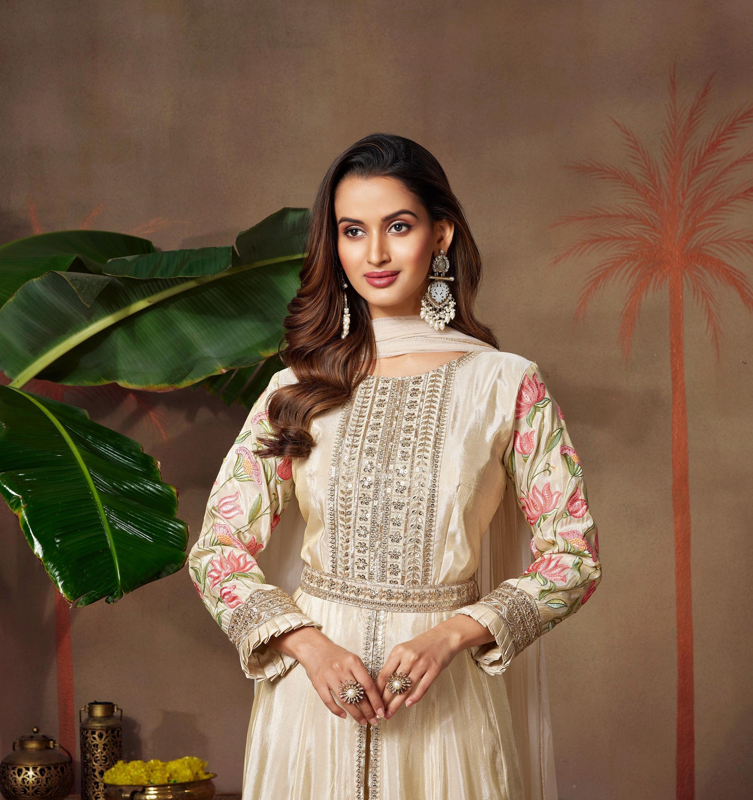 Ivory Embellished Premium Silk Anarkali Set