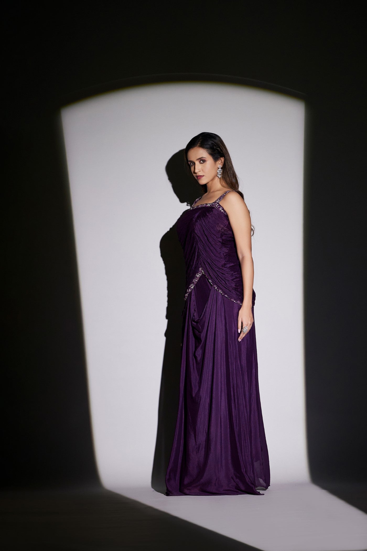 Purple Pure Chinon Silk Draped Gown