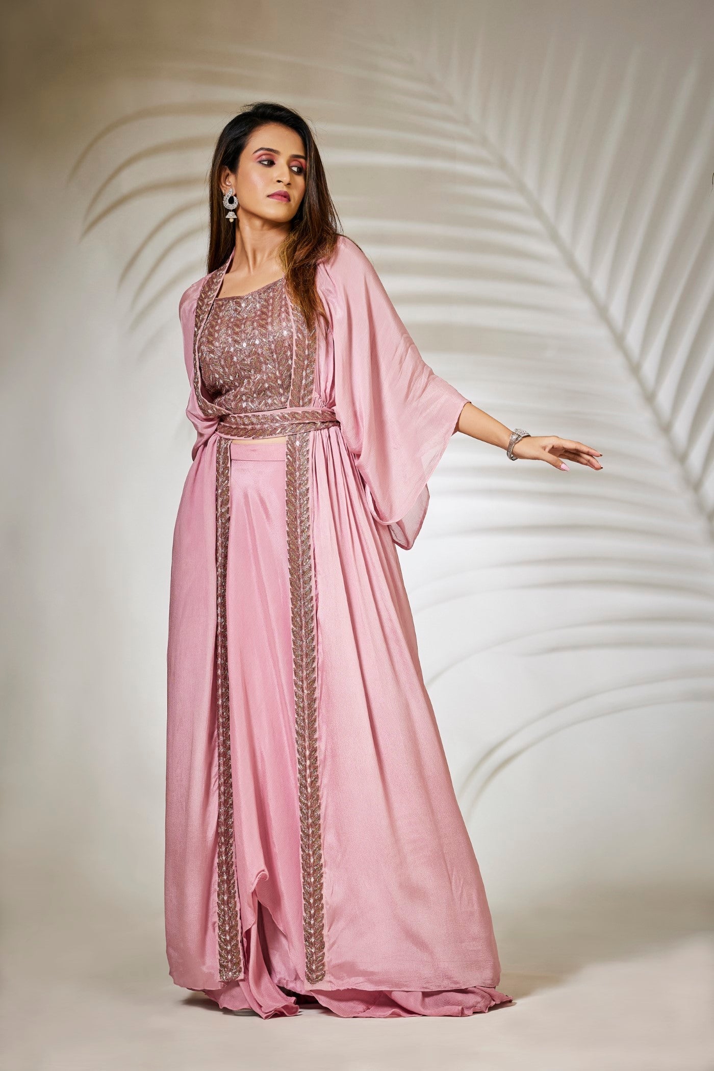 Pastel Pink Pure Chinnon Silk Plazzo Set with Cape