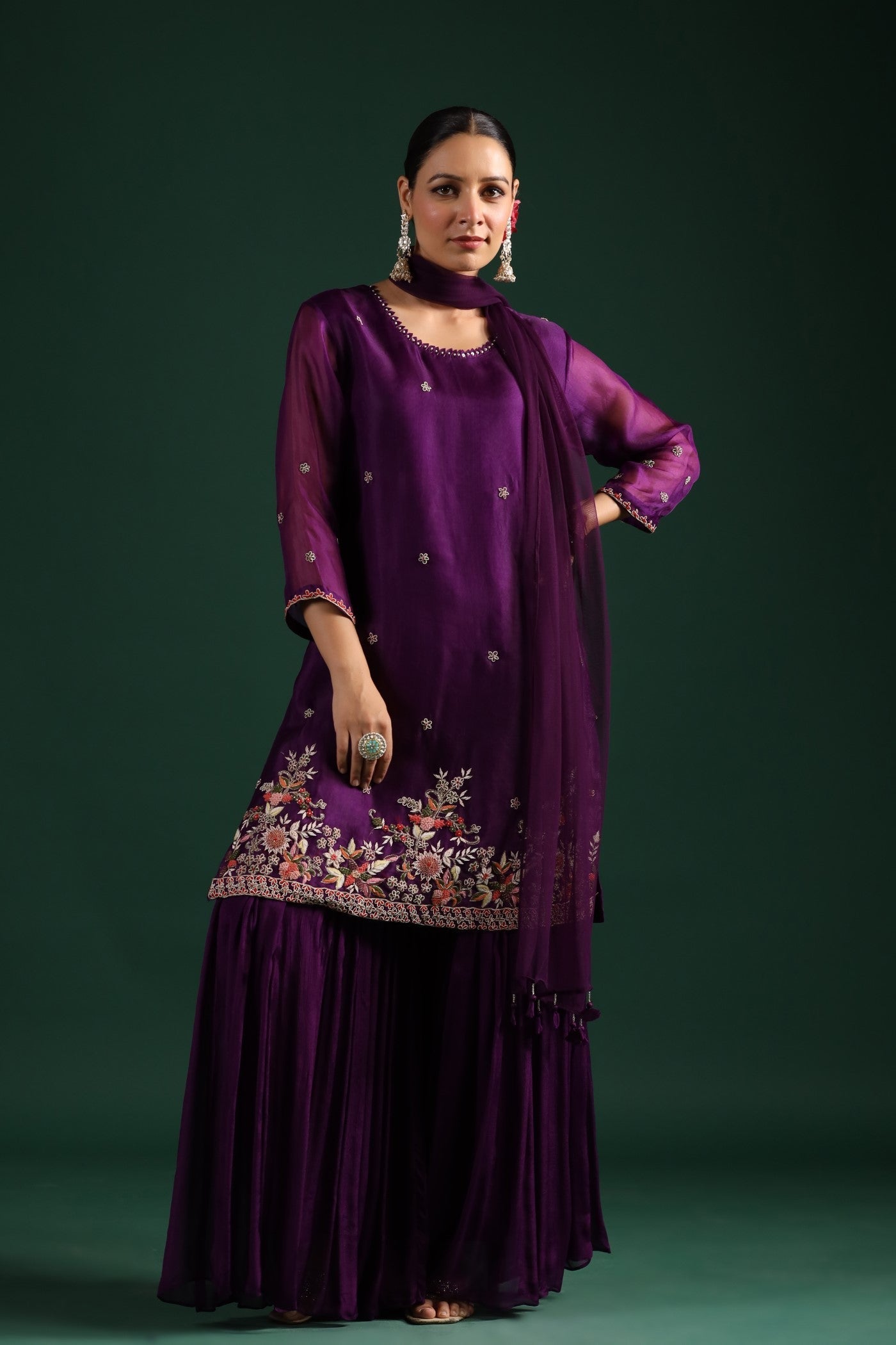 Wine Embellished Sharara Set