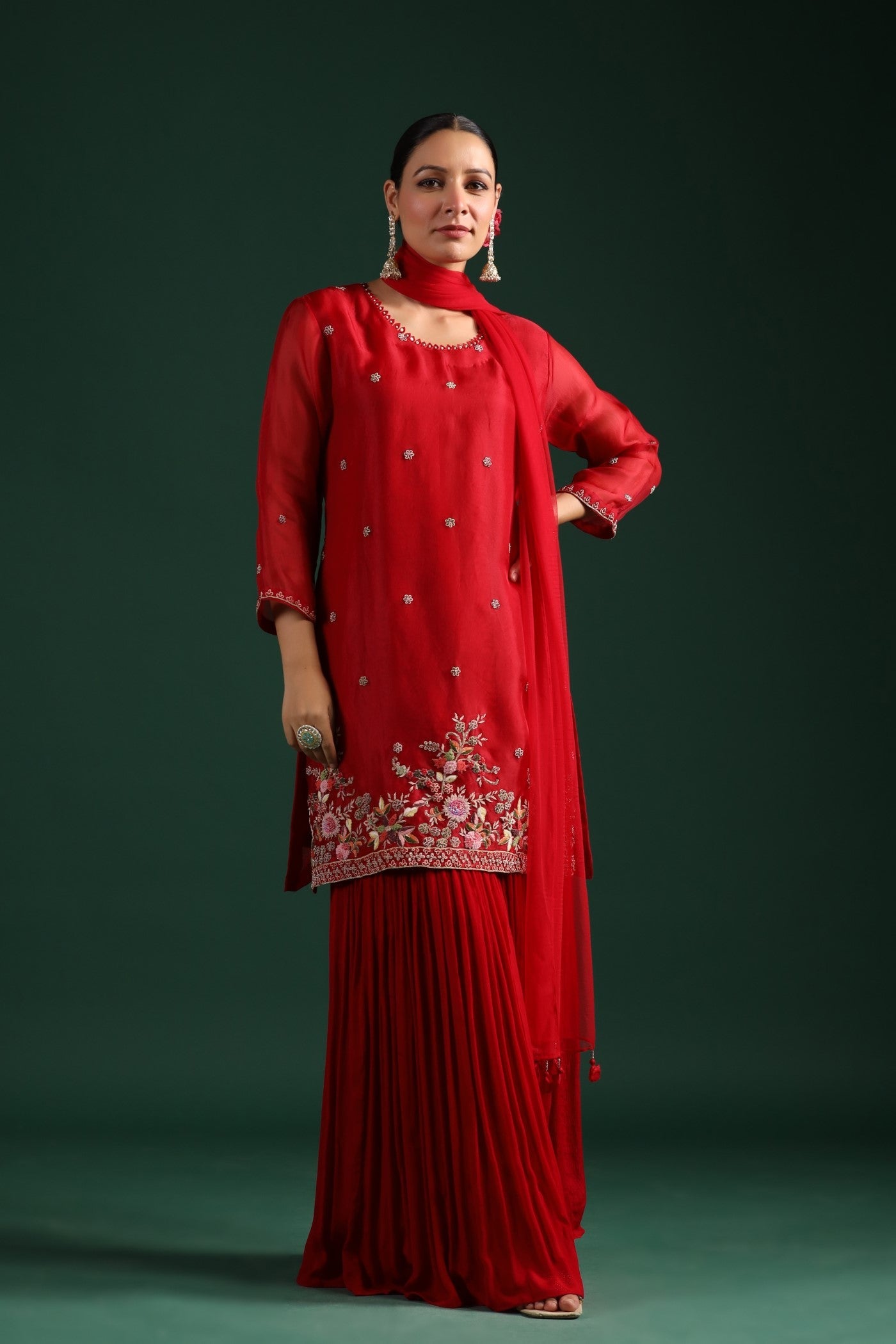 Red Embellished Sharara Set