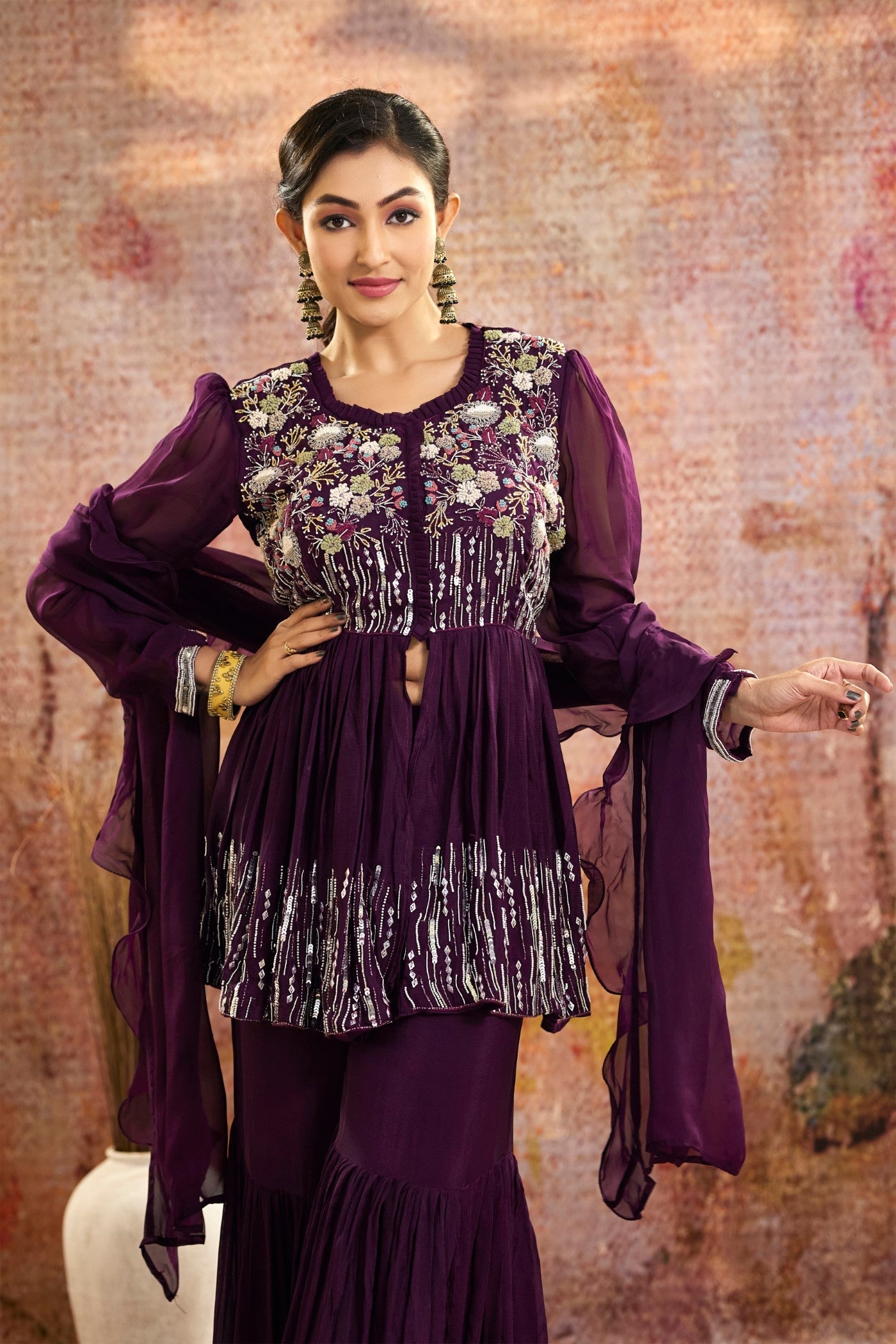 Purple Embellished Pure Crepe Silk Sharara Set