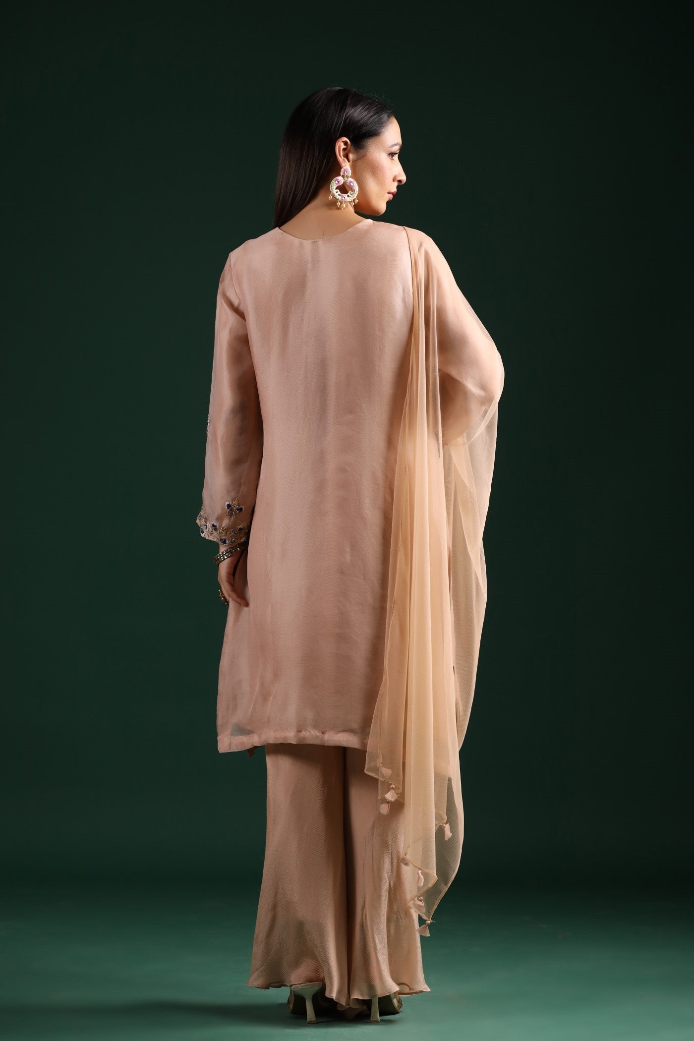 Pastel Peach Embroidered Kurta Palazzo Set