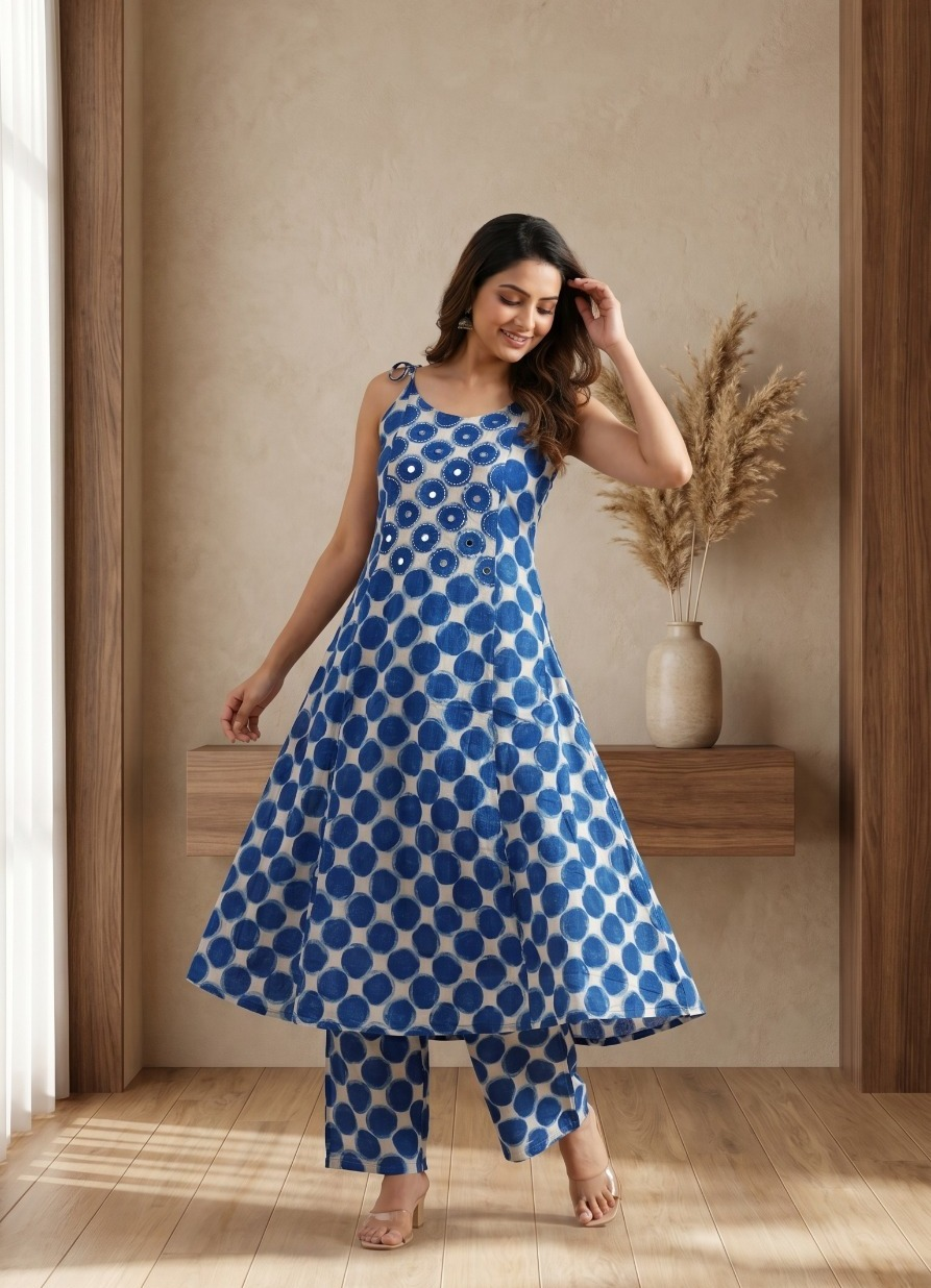 Cobalt Polka Printed Cotton Kurta Set