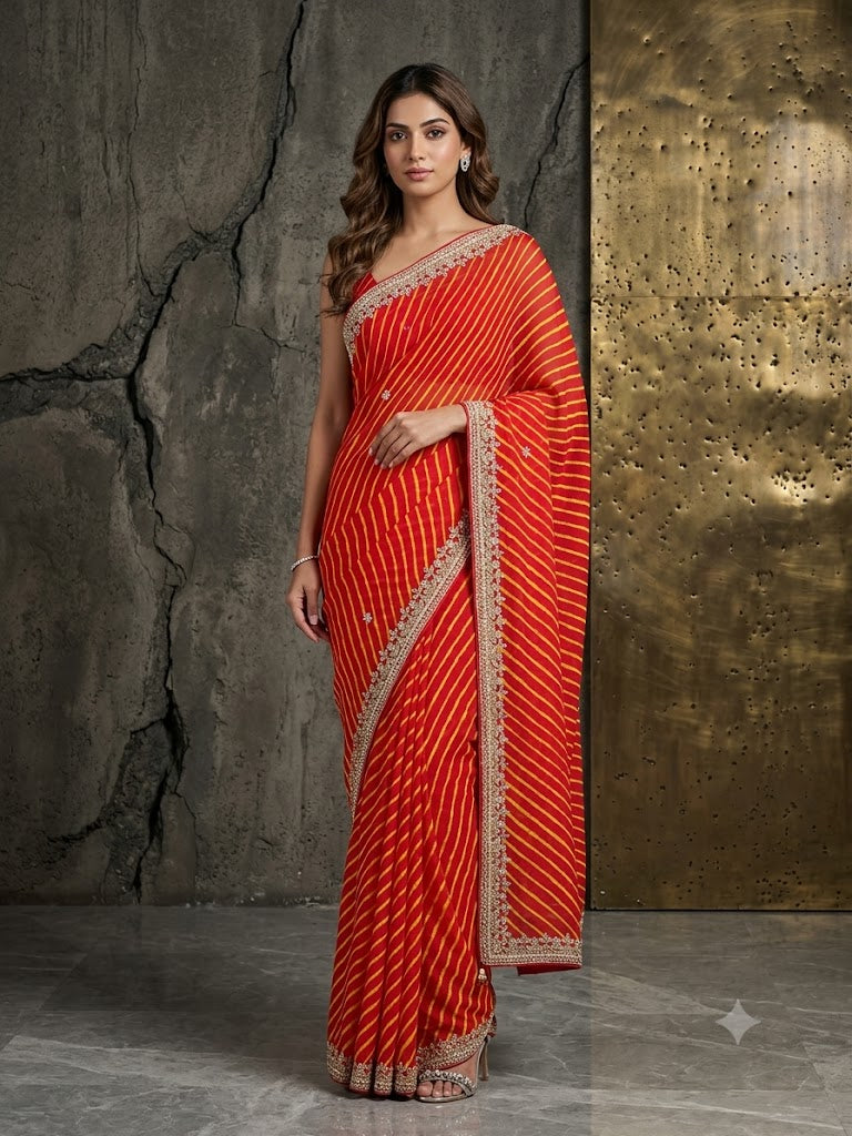 Red Leheriya Embellished Georgette Saree
