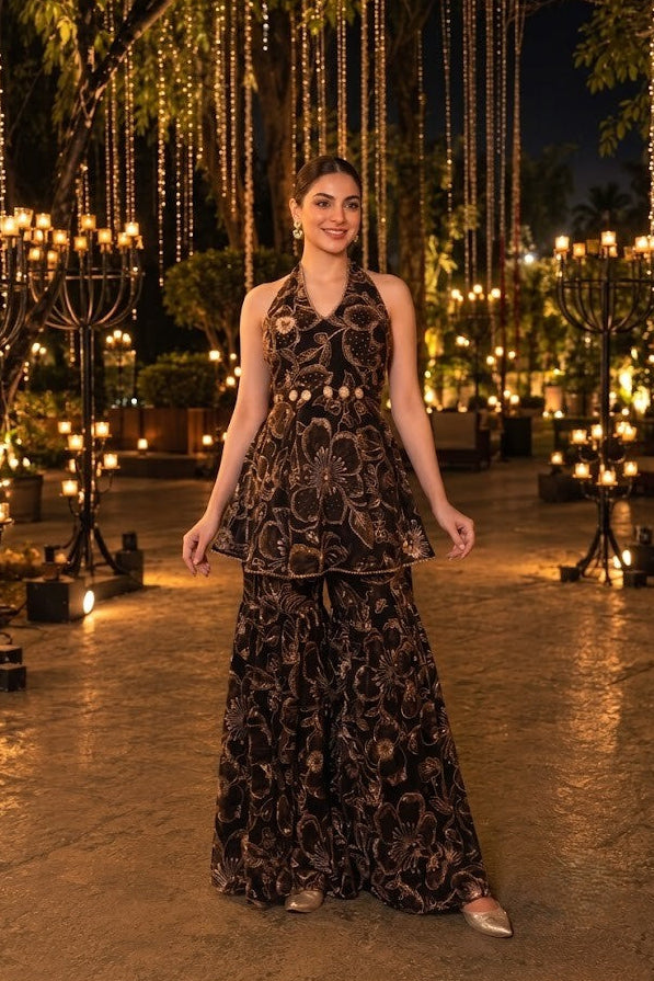 Jet Black Embellished Georgette Silk Sharara Set