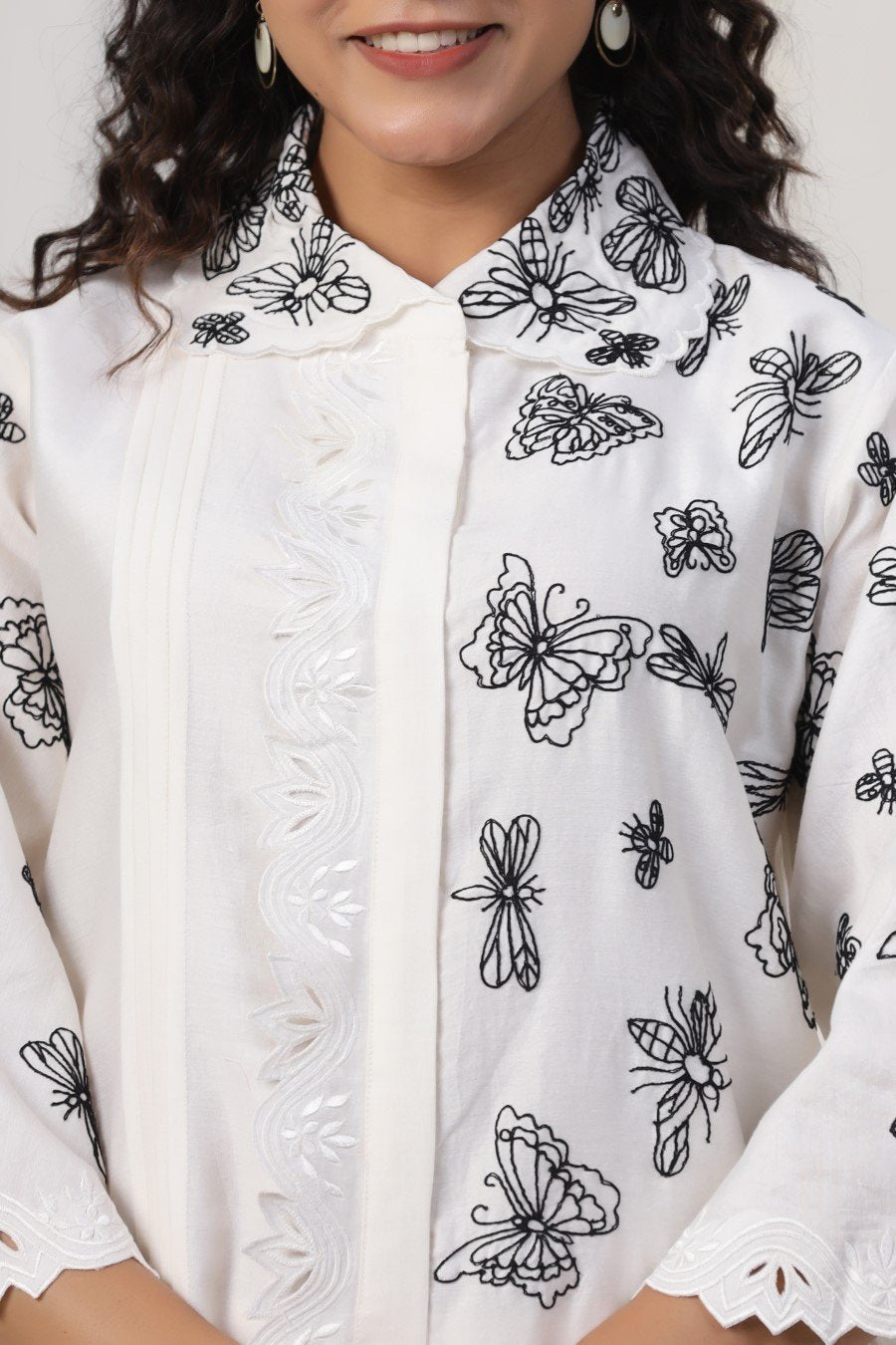 White Butterfly Embroidered Lotus Silk Co-ord Set