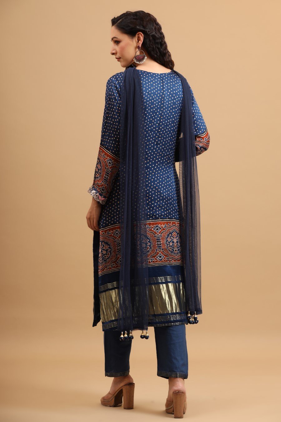 Royal Blue Bandhani &amp; Ajrakh Printed Kurta Set