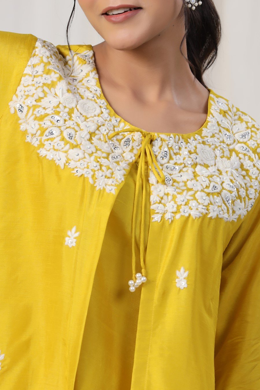 Yellow Floral Embroidered Cape Tunic with Cape