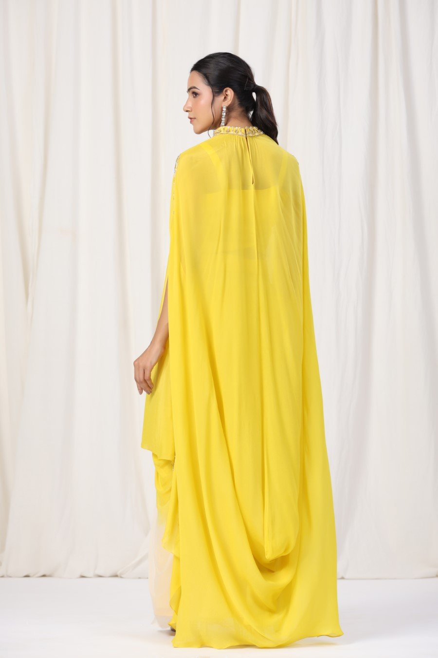 Yellow Embellished Spanish Silk Skirt Top with Cape