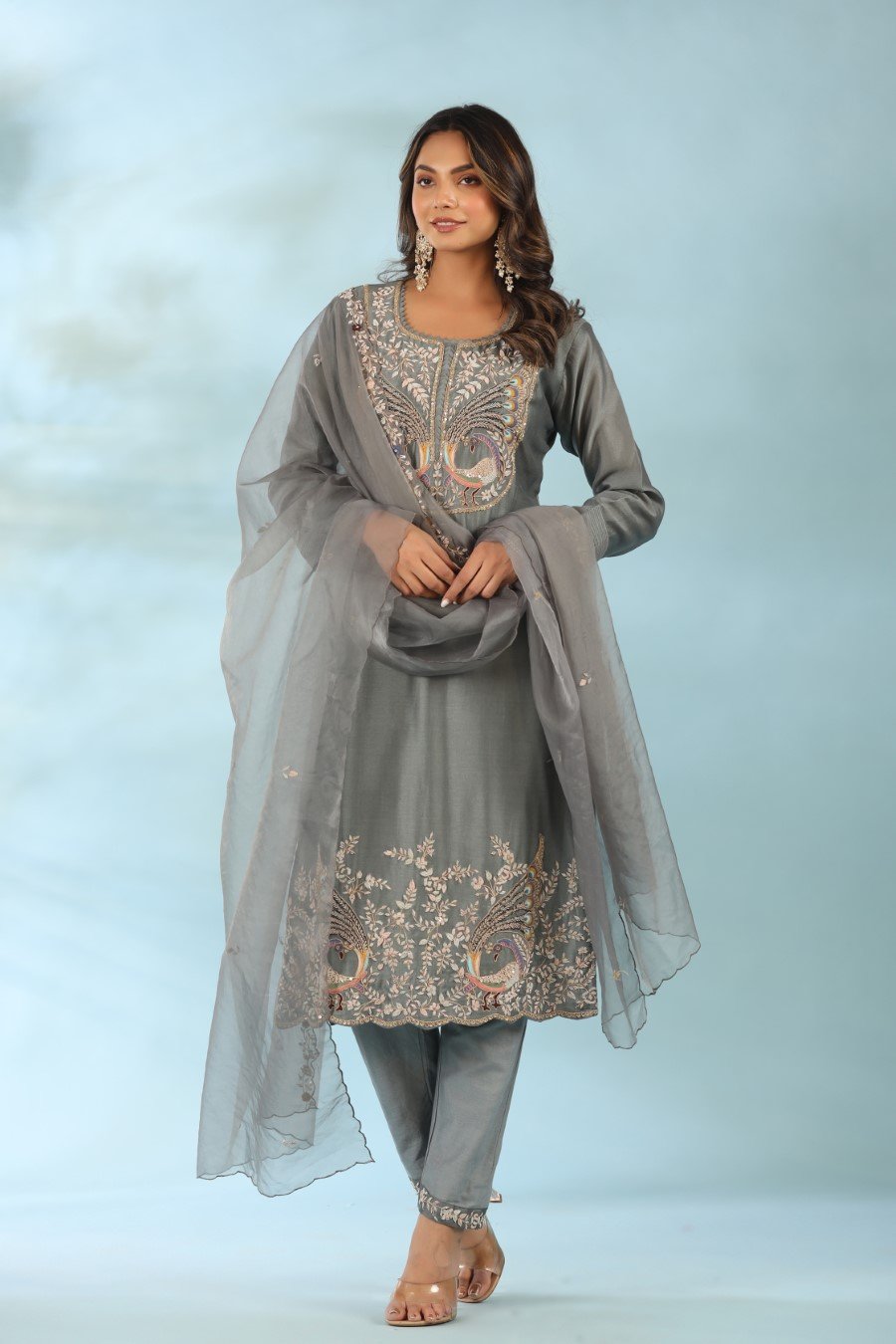 Grey Organza Silk Embroidered Kurta Set