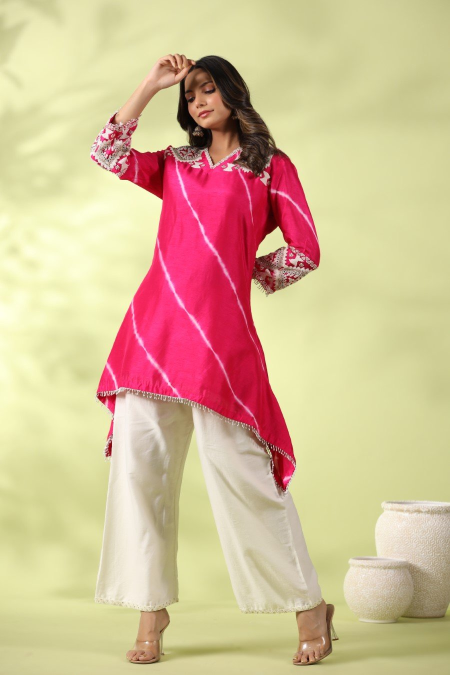 Pink Tie-dyed &amp; Embroidered Asymmetrical Kurta with Palazzo