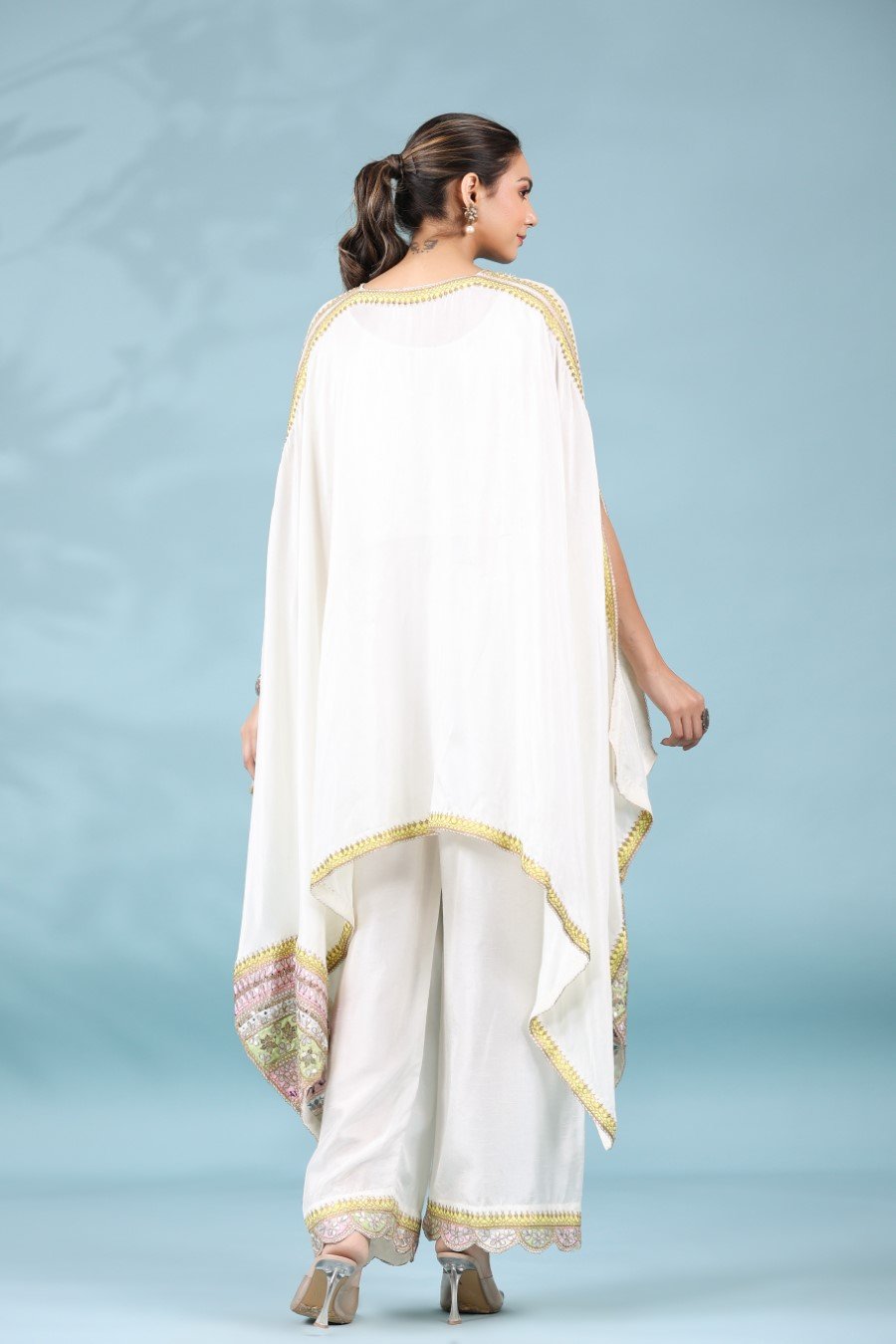 White Zari Embroidered Asymmetrical Tunic & Pants