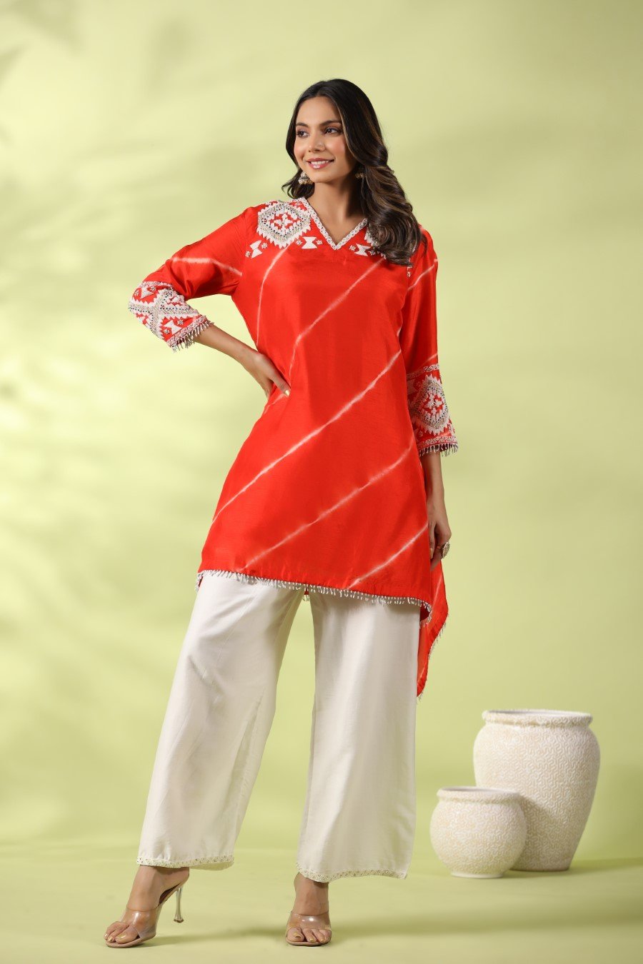 Orange Tie-dyed &amp; Embroidered Asymmetrical Kurta with Palazzo