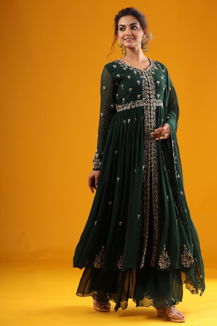 Emerald Green Hand Embroidered Kurta &amp; Palazzo With Dupatta