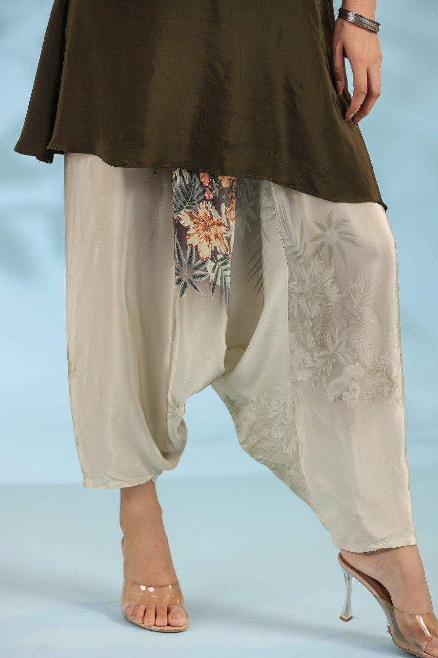 Deep Green Floral Crepe Silk Kurta with Dhoti Pants