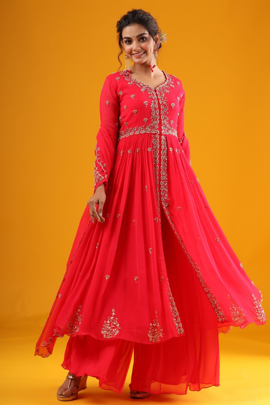 Cherry Pink Hand Embroidered Kurta &amp; Palazzo With Dupatta