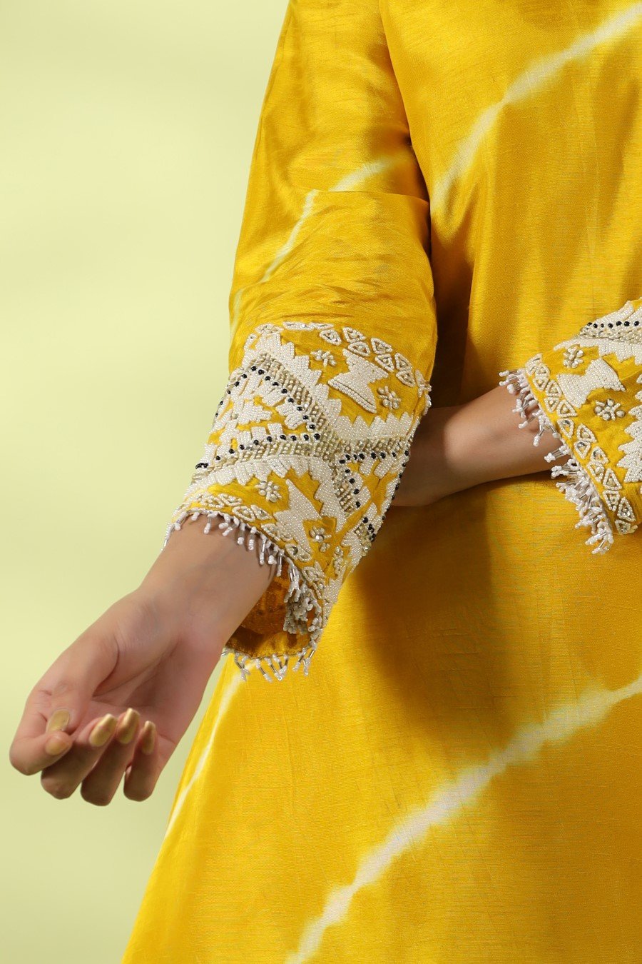 Yellow Tie-dyed &amp; Embroidered Asymmetrical Kurta with Palazzo