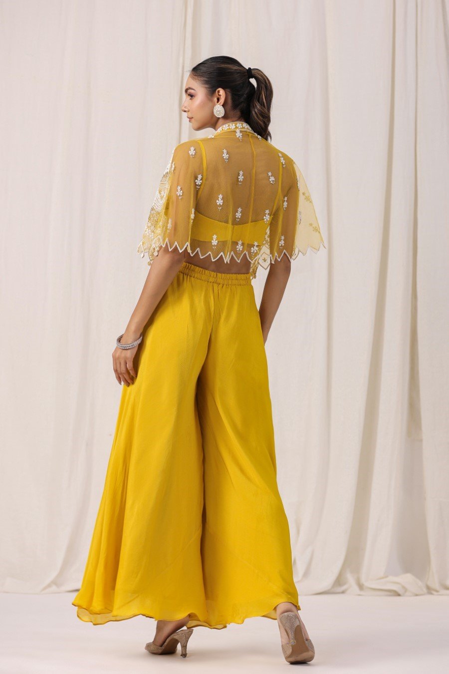 Yellow Embellished Cape with Crop Top & Palazzo