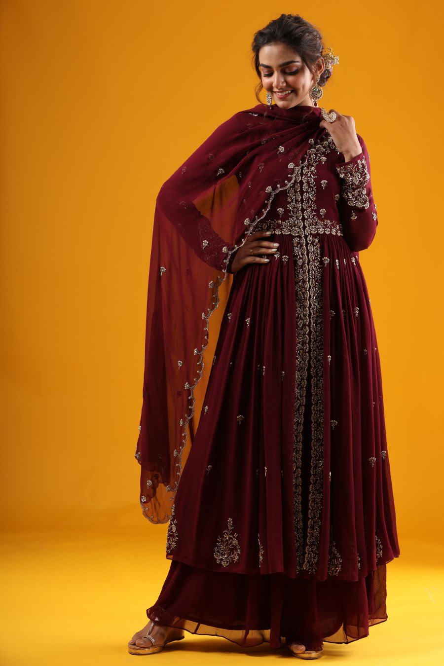 Wine Hand Embroidered Kurta &amp; Palazzo With Dupatta