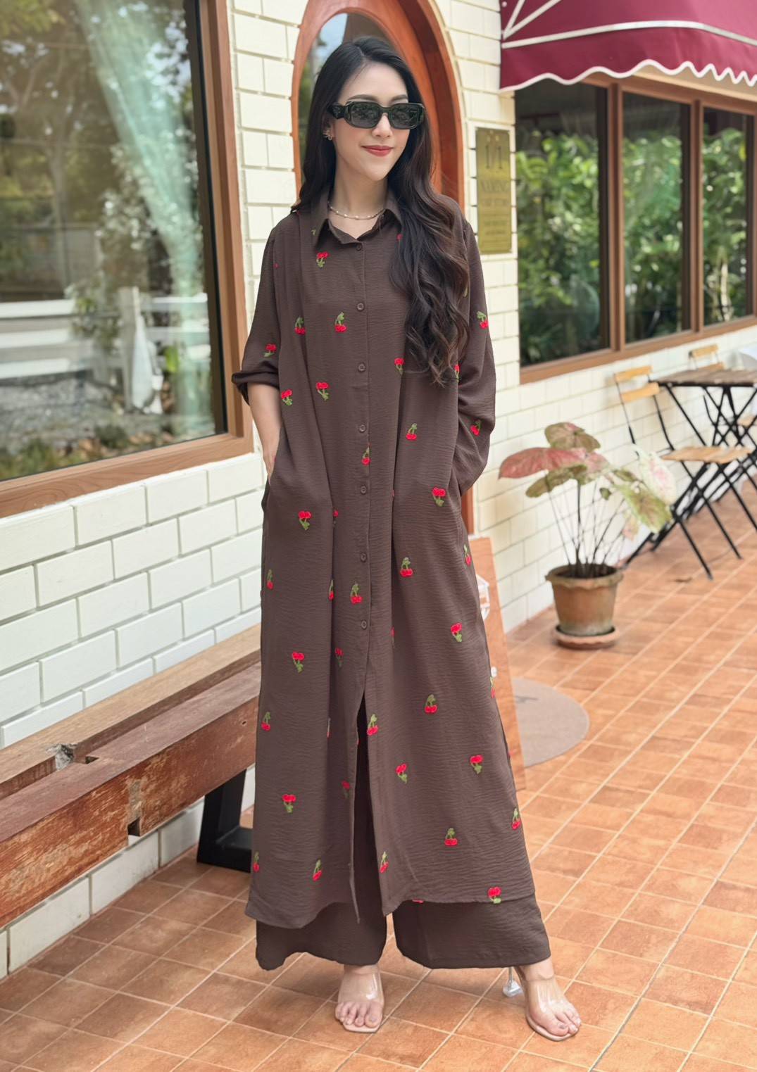 Chocolate Brown Floral Embroidered Cotton Co-ord Set