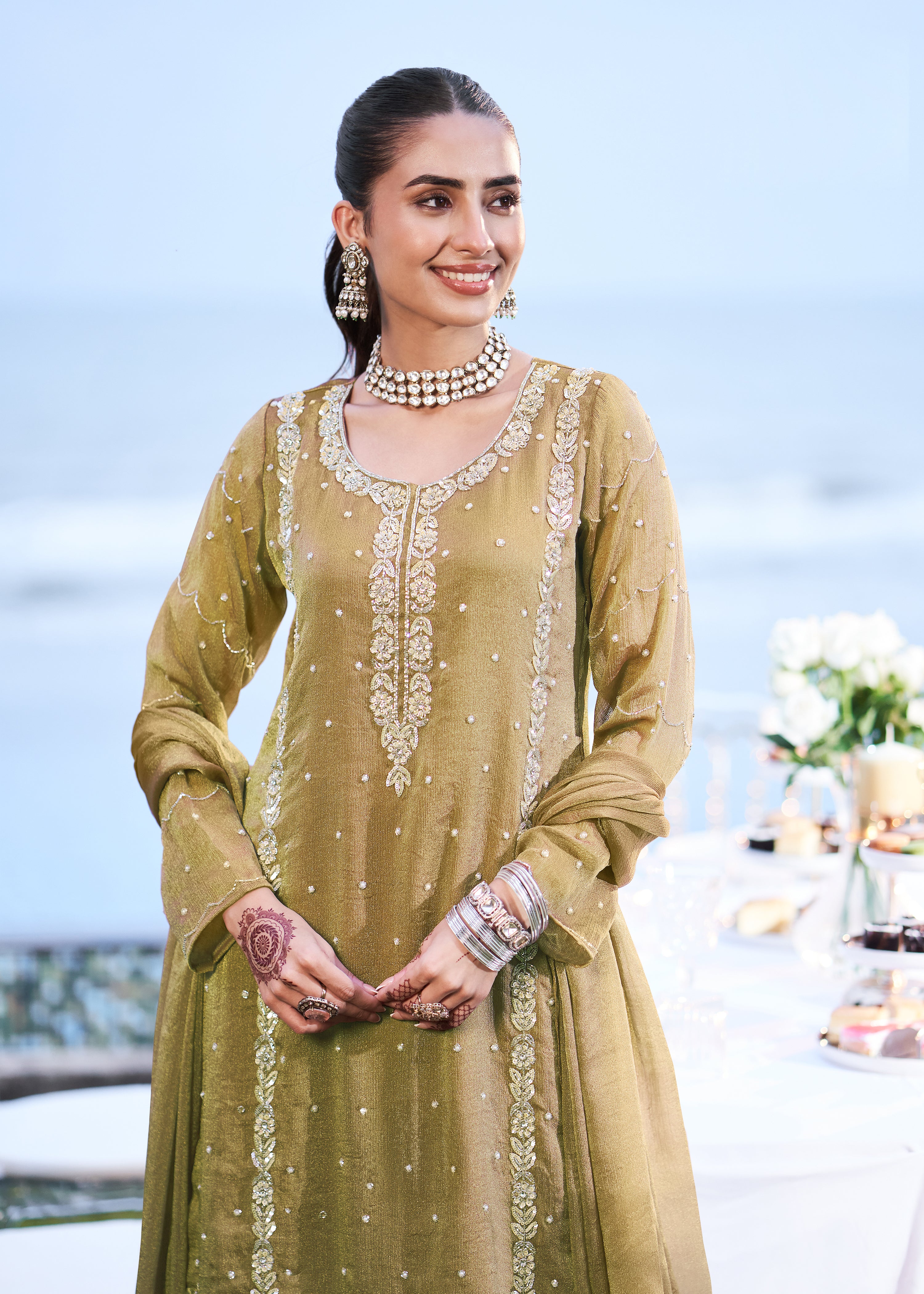 Olive Green Embellished Shimmer Tissue Sharara Set
