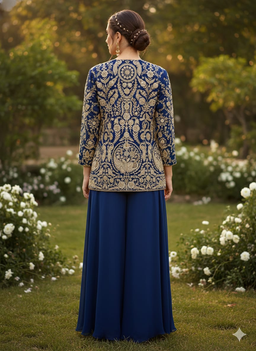 Royal Blue Embellished Georgette Silk Palazzo Set